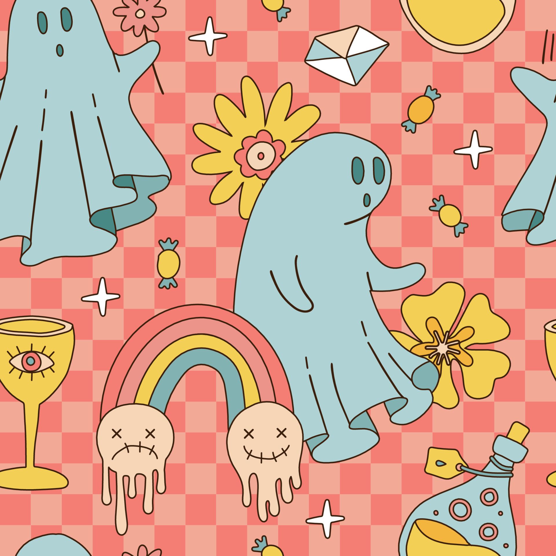 Retro 70s 60s Hippie Halloween seamless pattern with Ghost, Daisy Butterfly Flowers and potion flask Rainbow elements. Groovy Spook checkered background. Hand drawn contour vector illustration