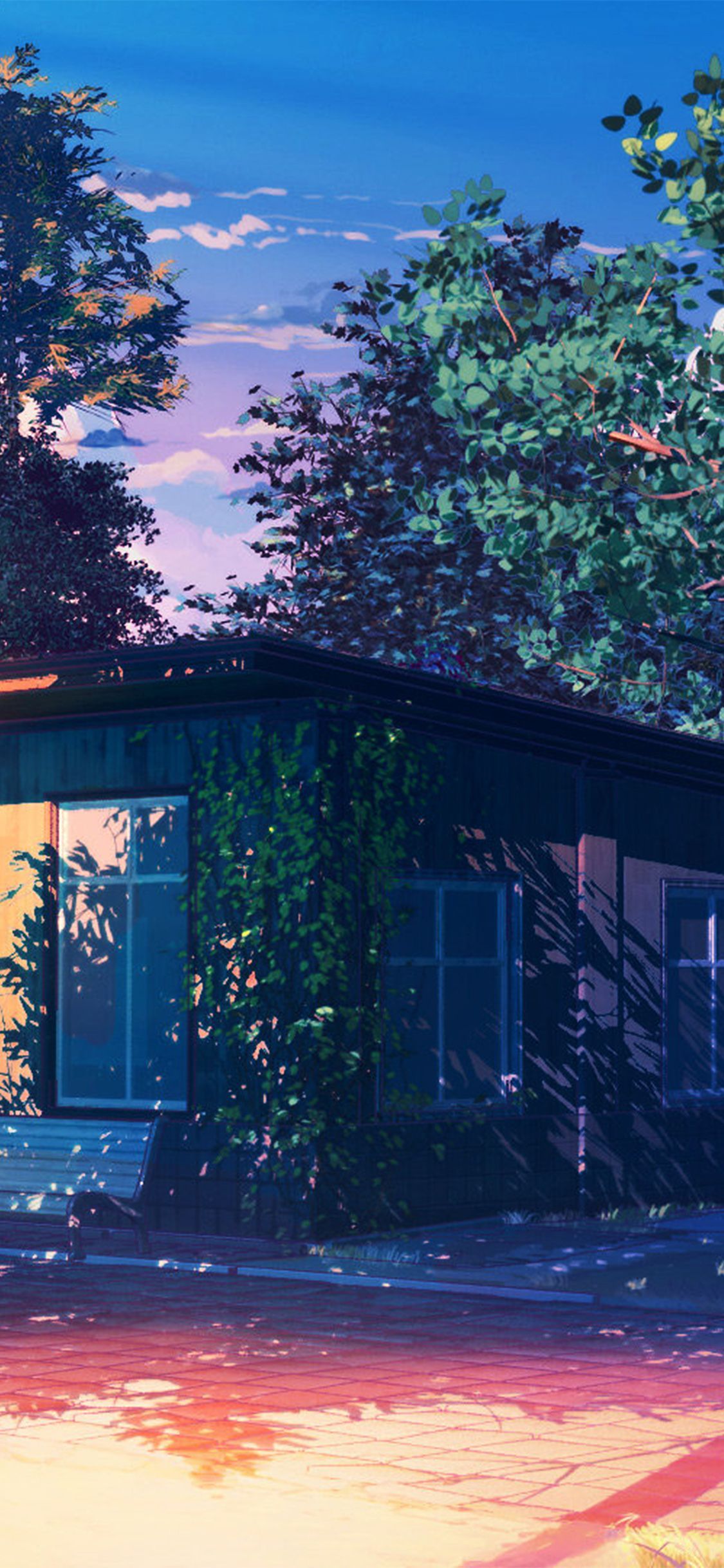 IPhone wallpaper of a anime house in the sunset - Camping