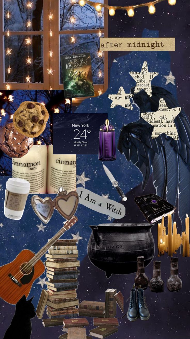 A collage of Harry Potter themed items including a cauldron, books, a guitar, and a cup of tea. - Witchcore