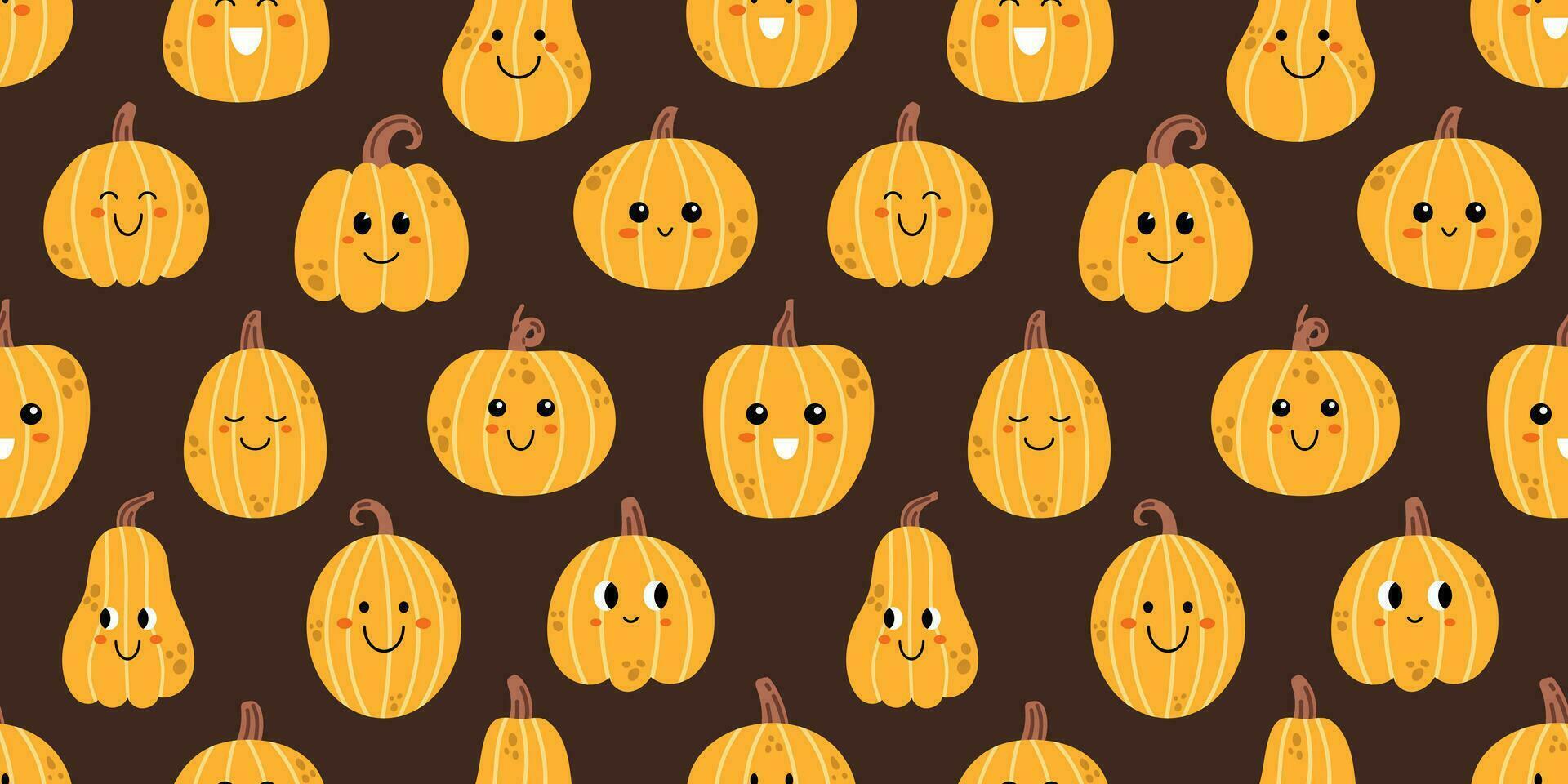 A pattern of pumpkins with faces on a brown background - Halloween desktop, cute fall