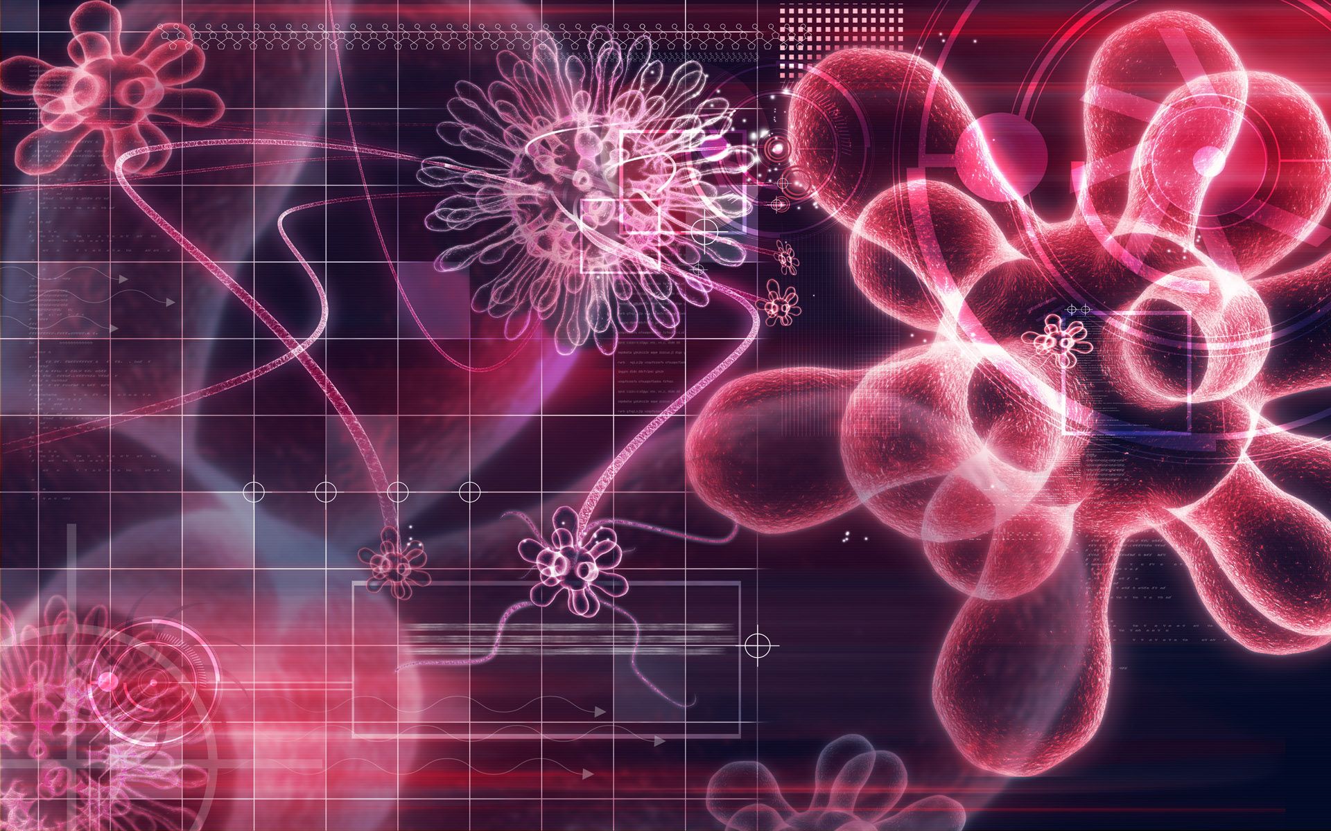 Pink bacteria and virus cells on a grid background - Chemistry