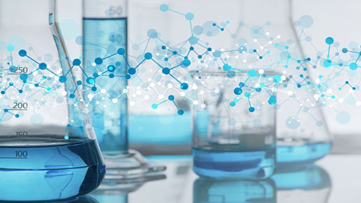Blue molecules in a lab with beakers and flasks - Chemistry