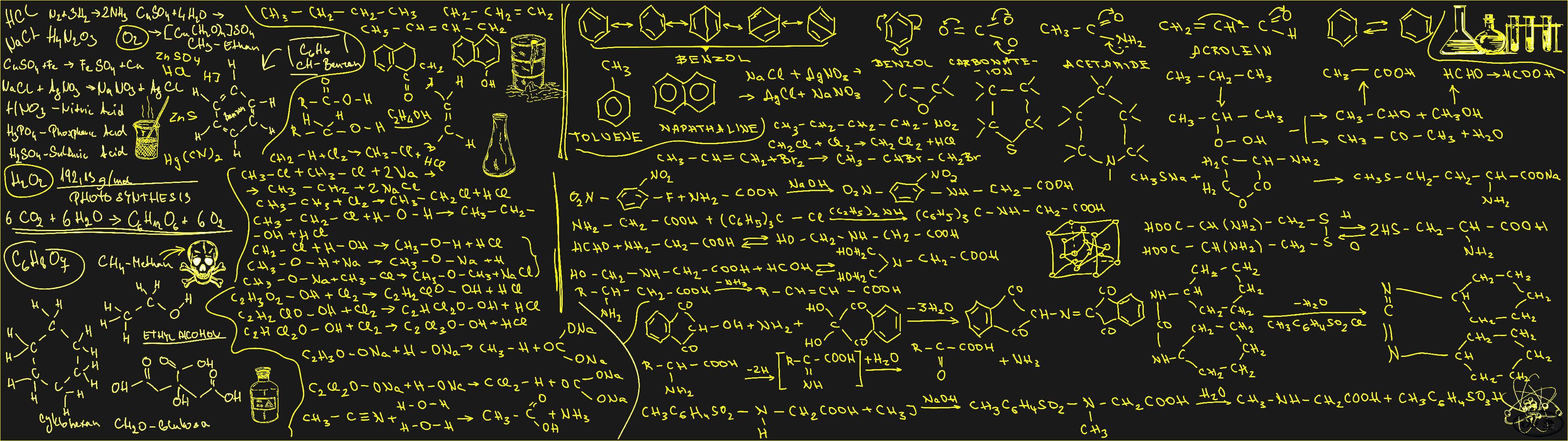 A black board with many different symbols and equations - Chemistry