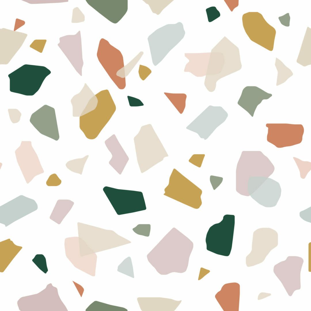 A white background with a pattern of irregularly shaped pastel terrazzo tiles - Terrazzo