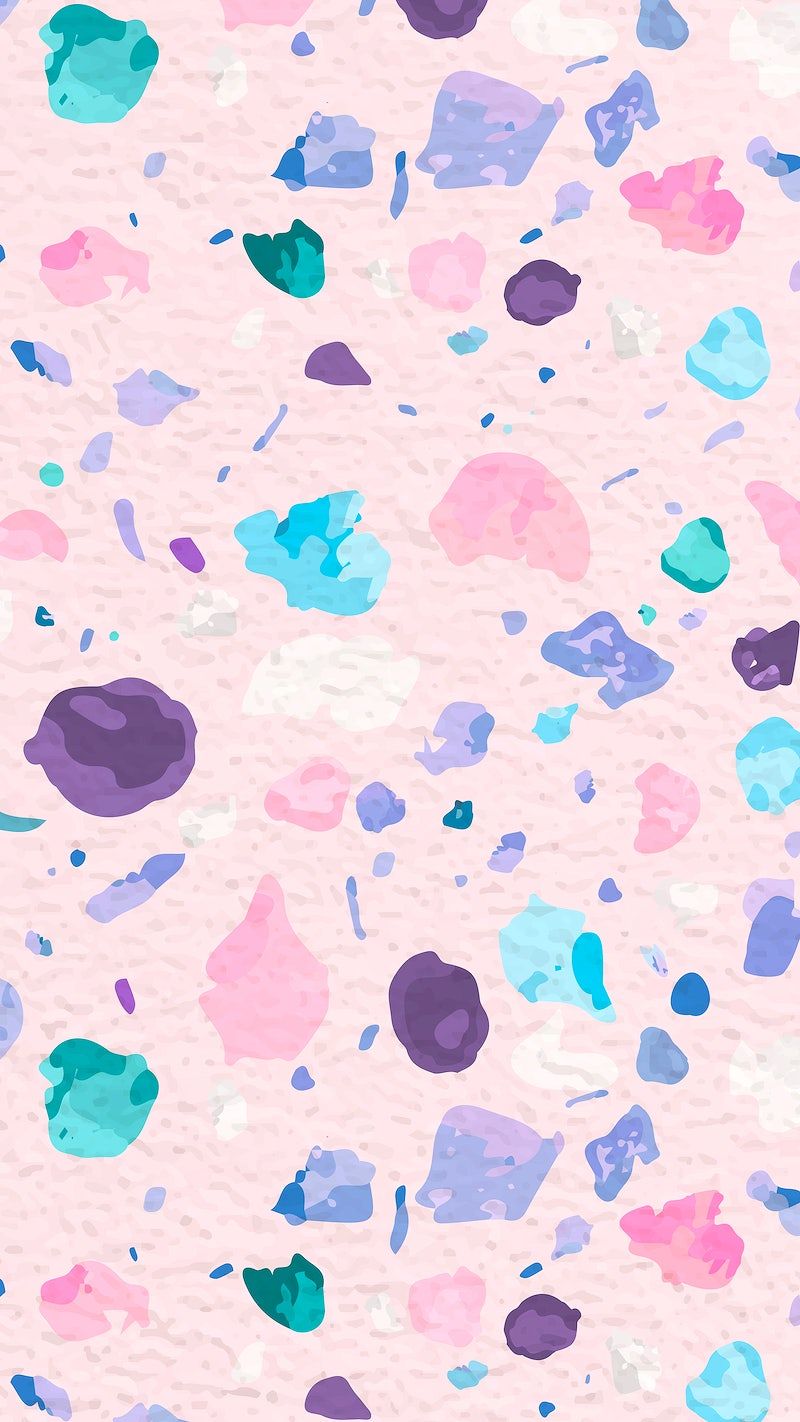 A pink wallpaper with purple, blue and green spots - Terrazzo