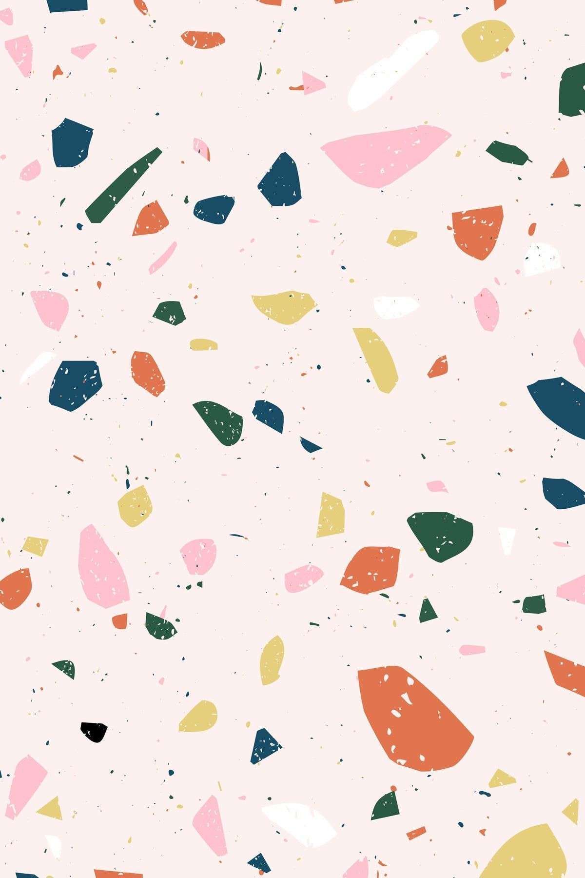 A pink and white terrazzo pattern wallpaper with a mix of pink, yellow, green, blue and coral. - Terrazzo