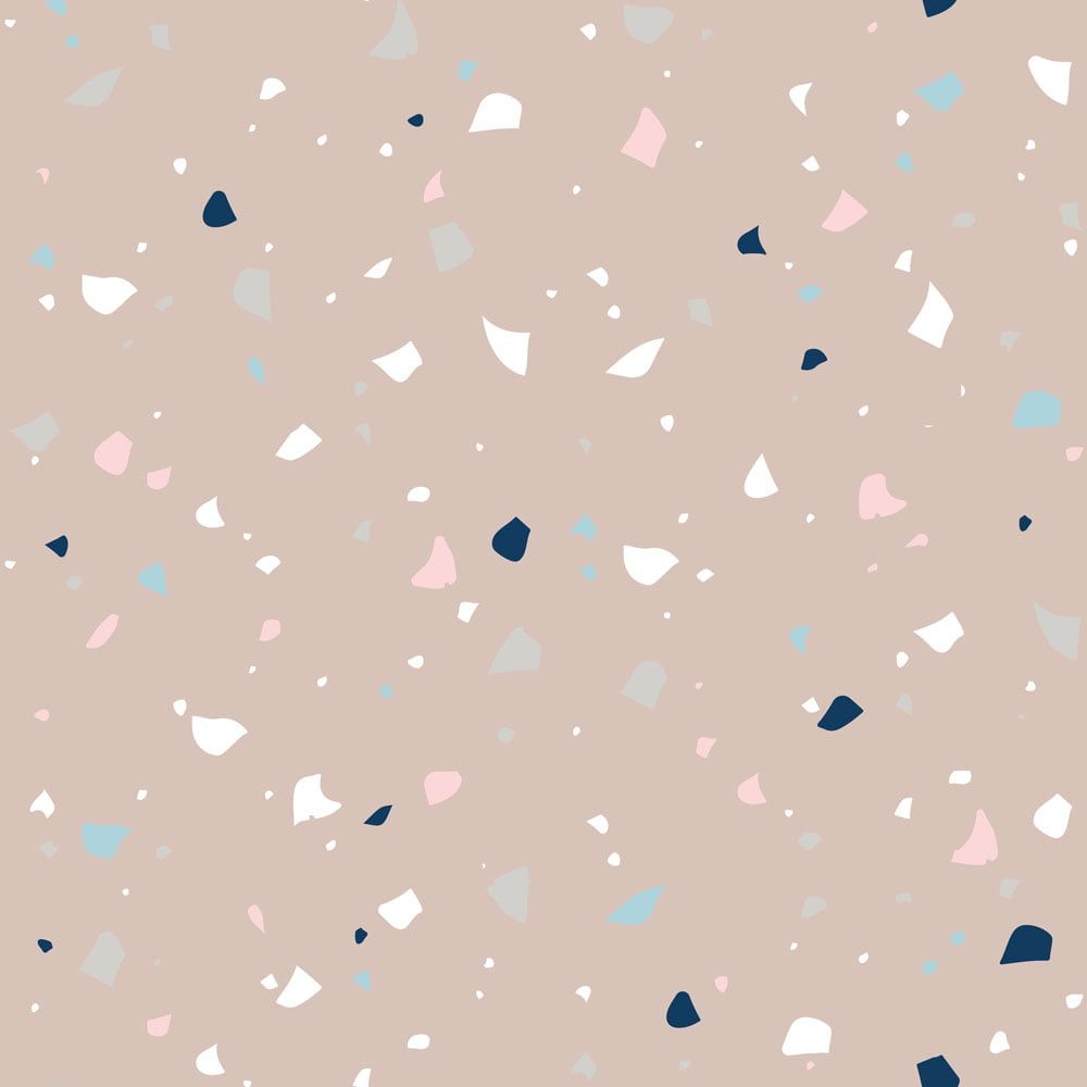 Simple Terazzo Mocca wallpaper with a terrazzo pattern in white, blue and pink on a mocha background. - Terrazzo