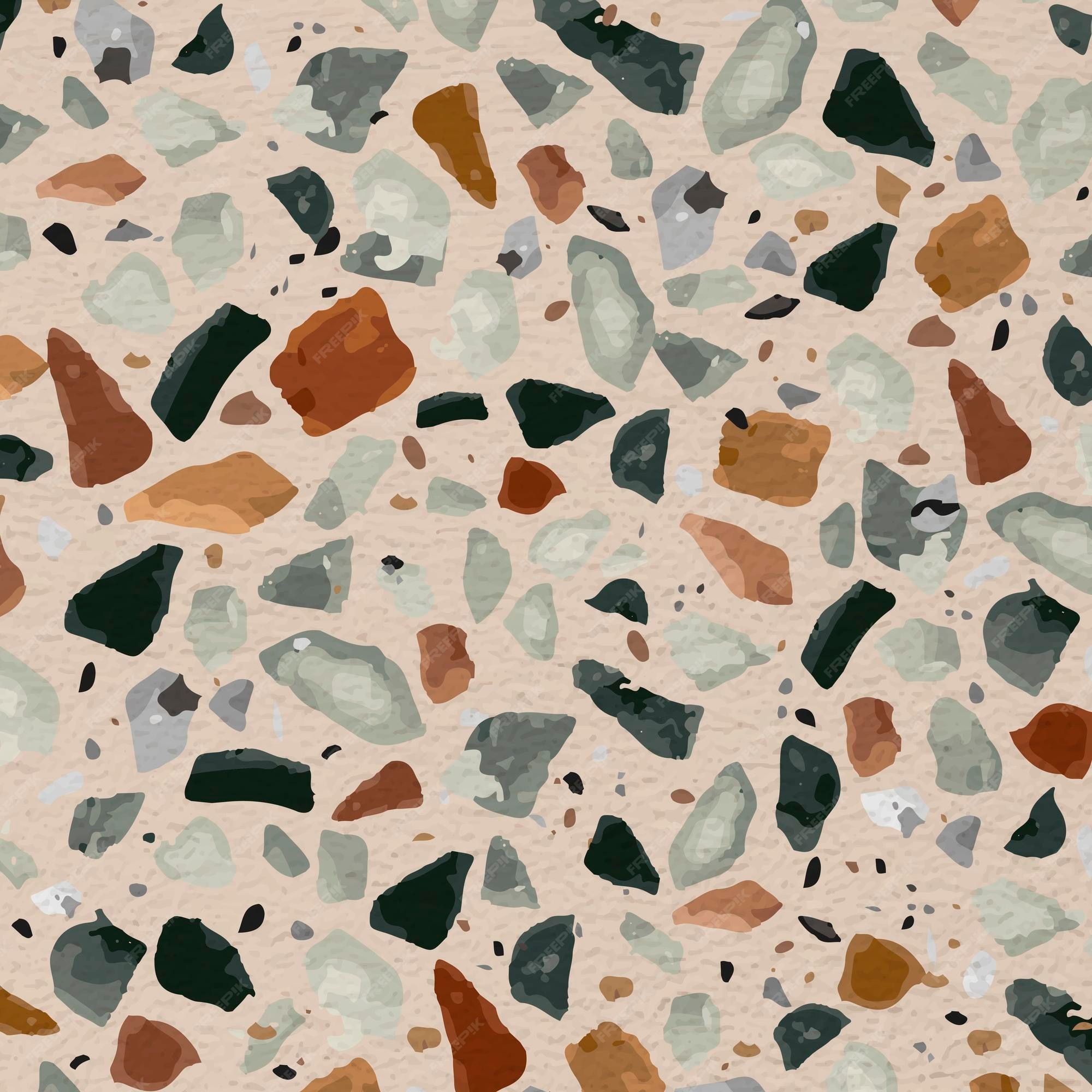 A terrazzo pattern with brown, green, and black stones on a pink background - Terrazzo