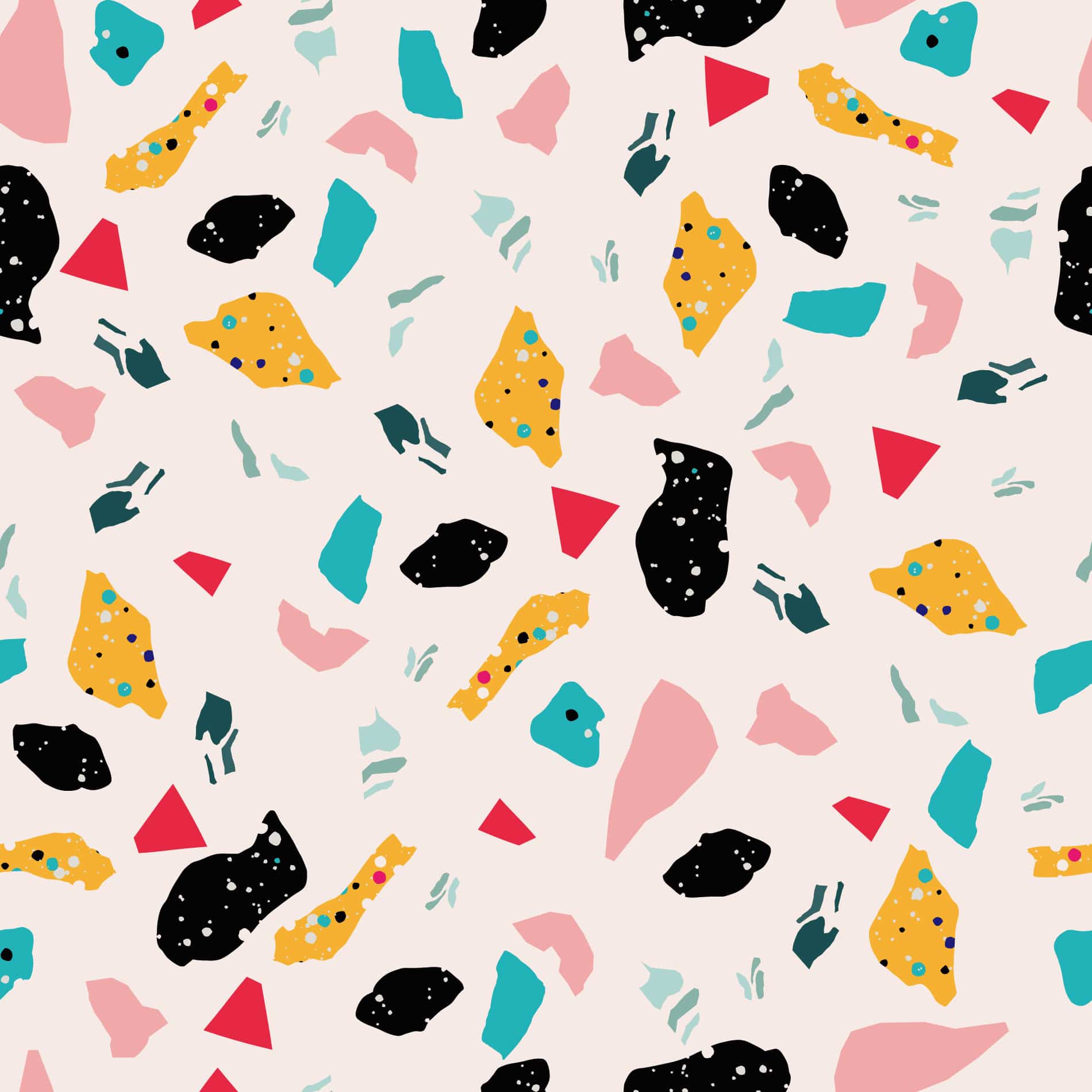 A repeating pattern of irregular shapes in black, yellow, pink, and blue - Terrazzo