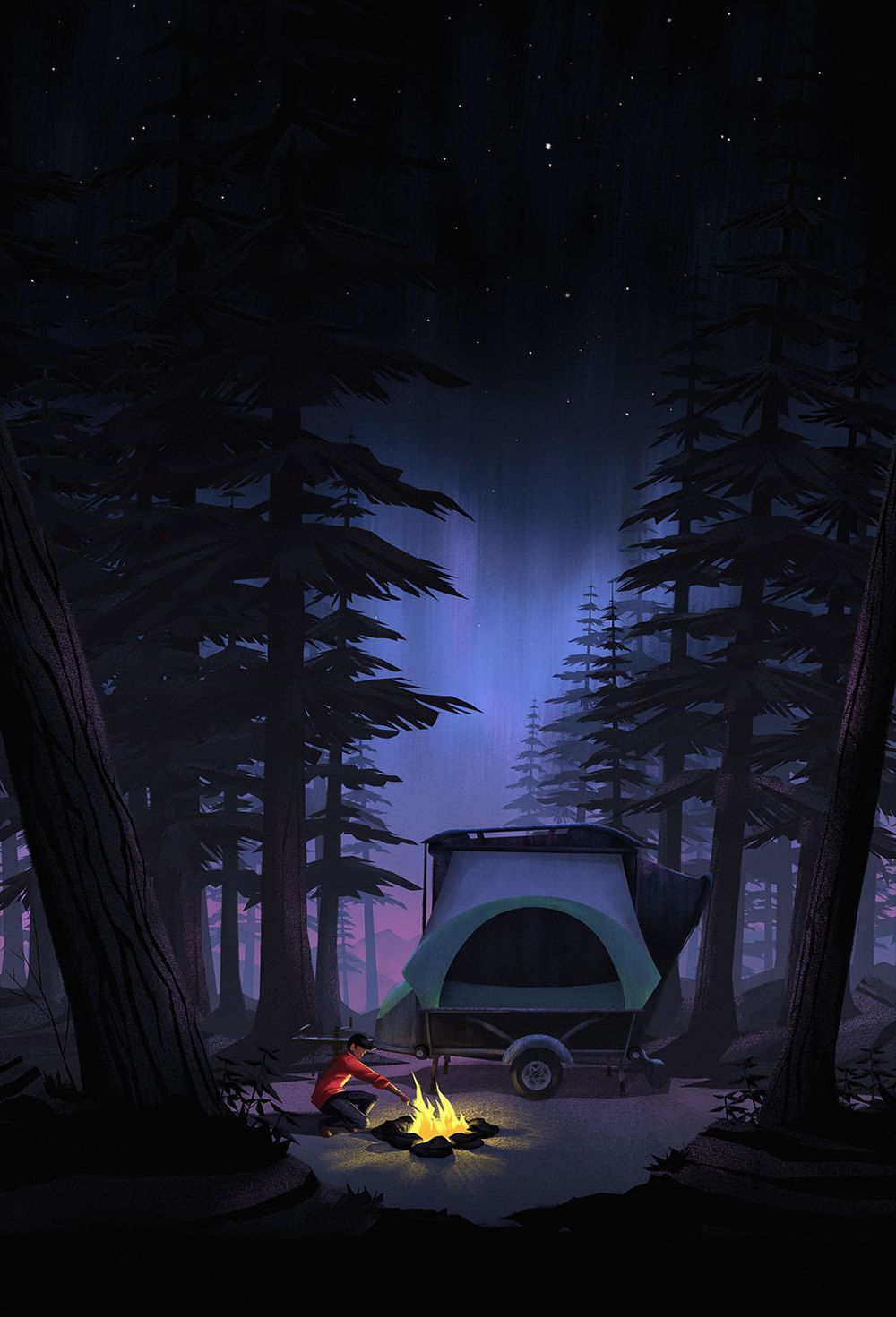 A campfire in the woods with an rv parked nearby - Camping