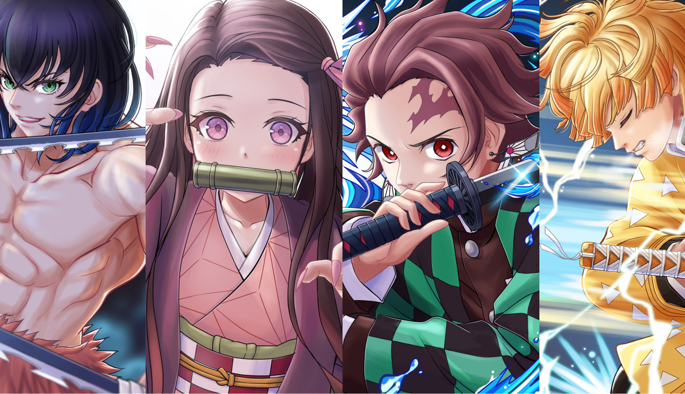 The four main characters of Demon Slayer: Kimetsu no Yaiba, with their swords drawn. - Demon Slayer