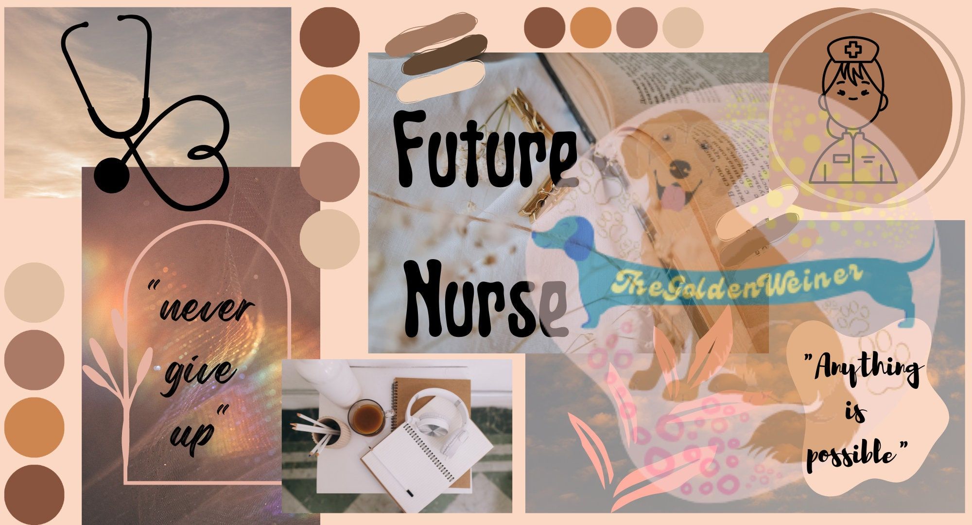 A collage of images including a stethoscope, a book, a dog, and a coffee cup. - Nurse