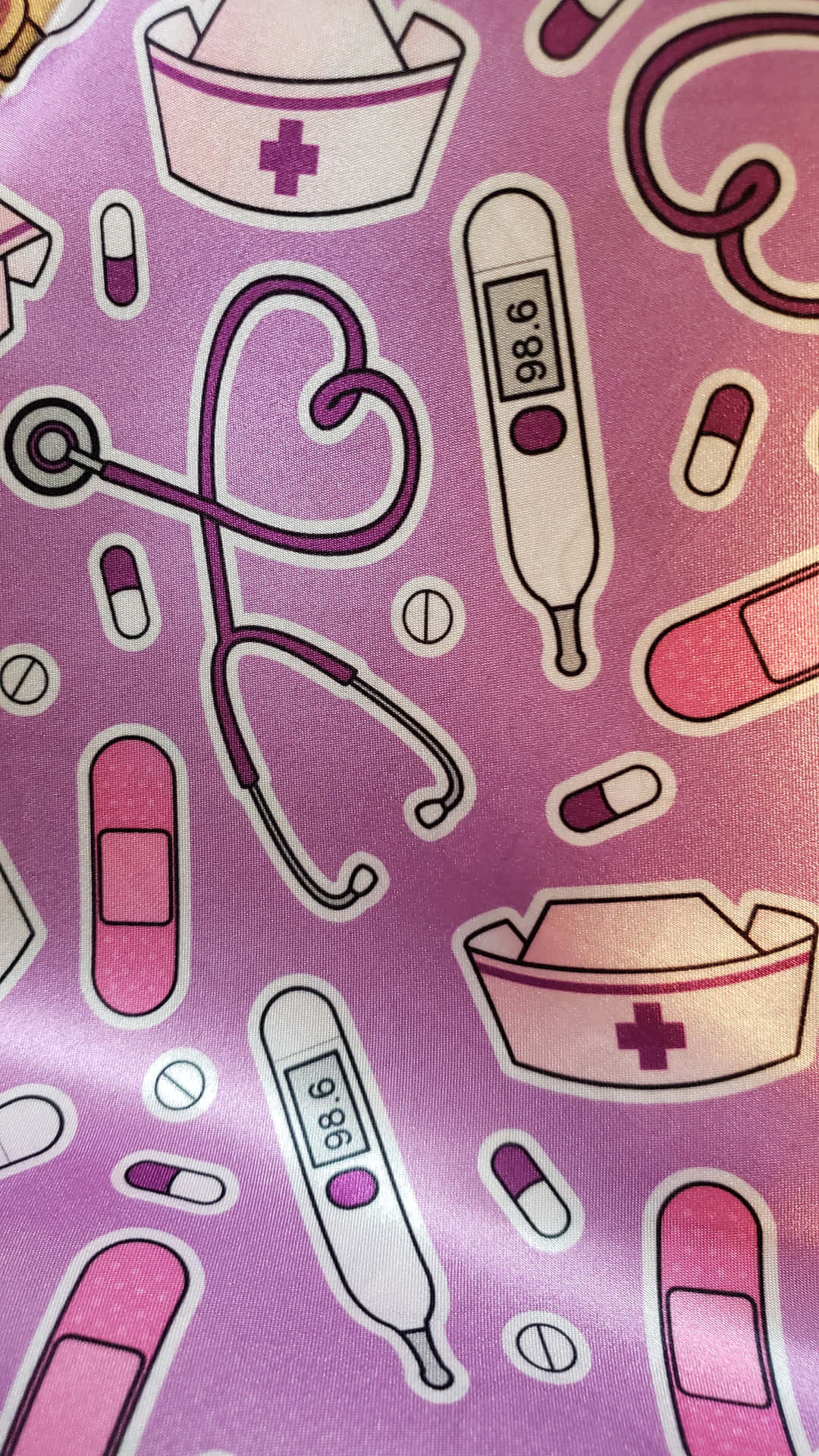 Download A Pink Fabric With A Nurse And Medicine On It Wallpaper