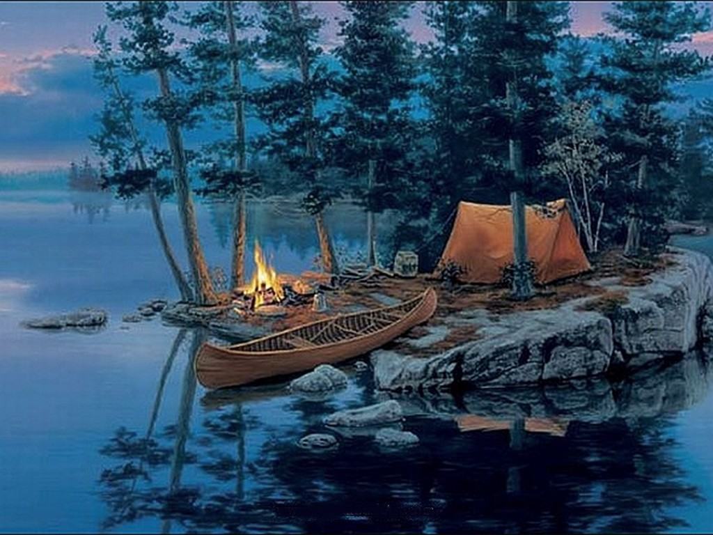 A painting of a campsite on a lake with a canoe and a tent. - Camping
