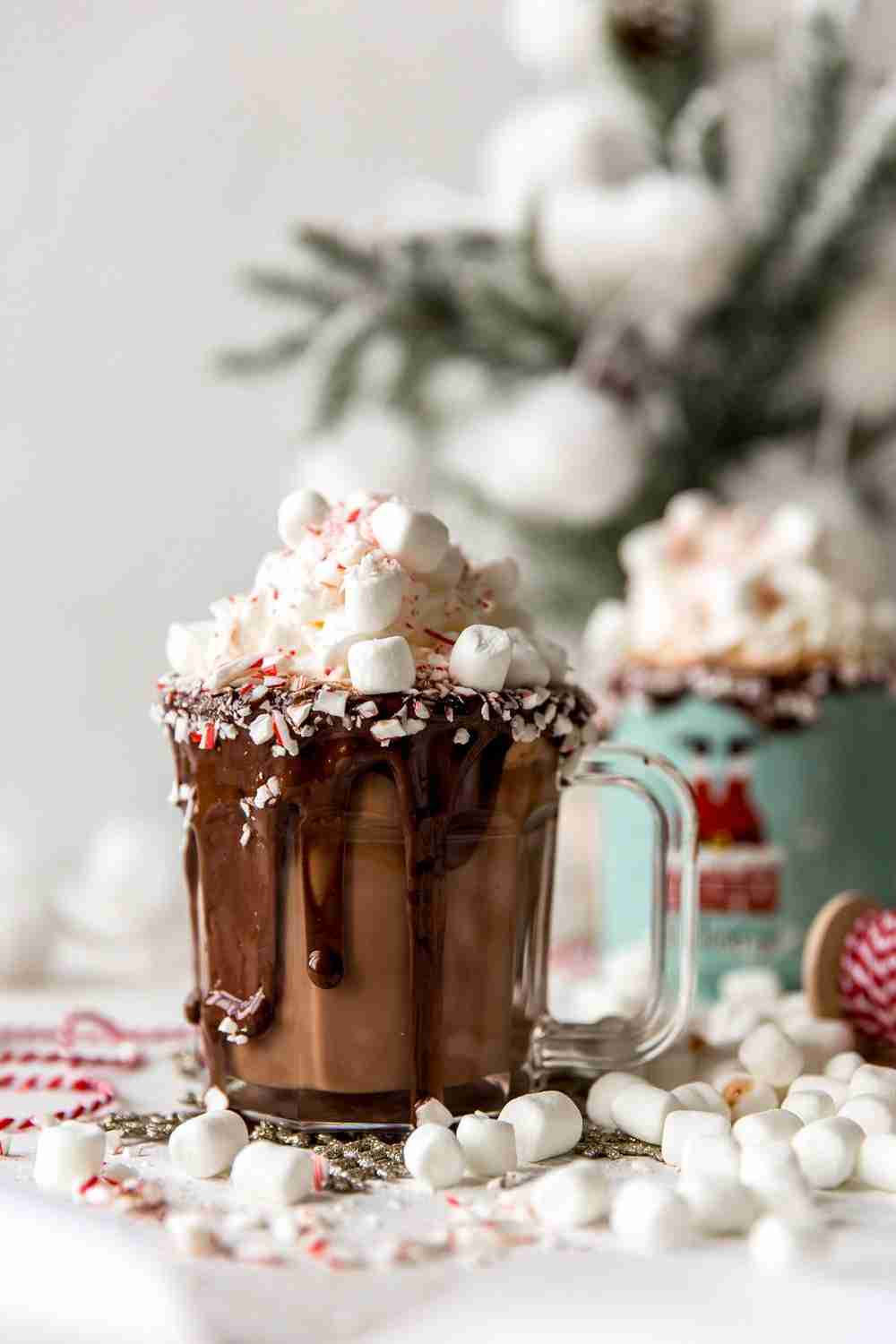 A cup of hot chocolate with marshmallows and candy canes - Chocolate