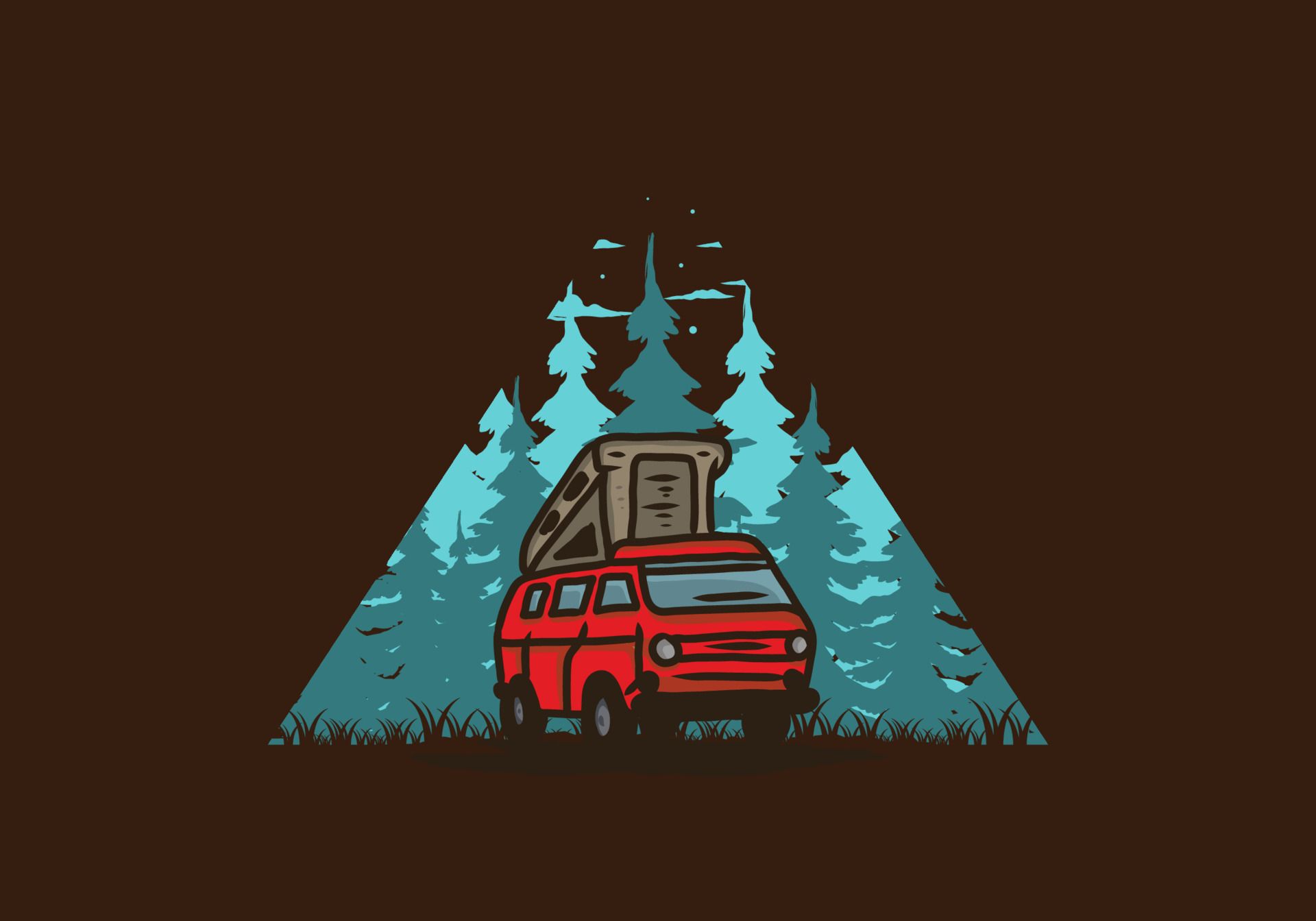 An illustration of a red van with a roof top tent parked in front of a forest. - Camping