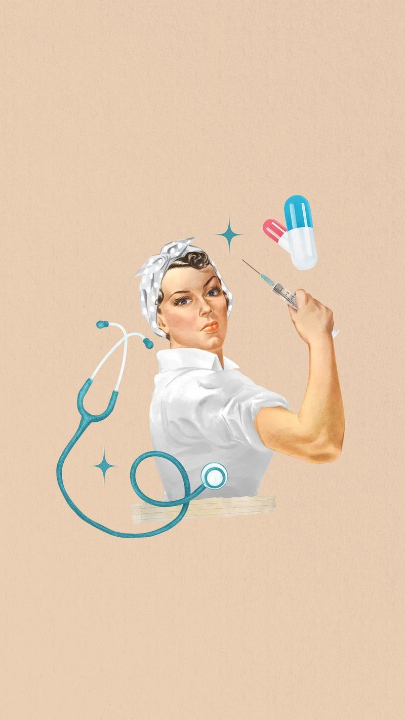 A nurse holding a vaccine and a pill, in the style of Rosie the Riveter - Nurse