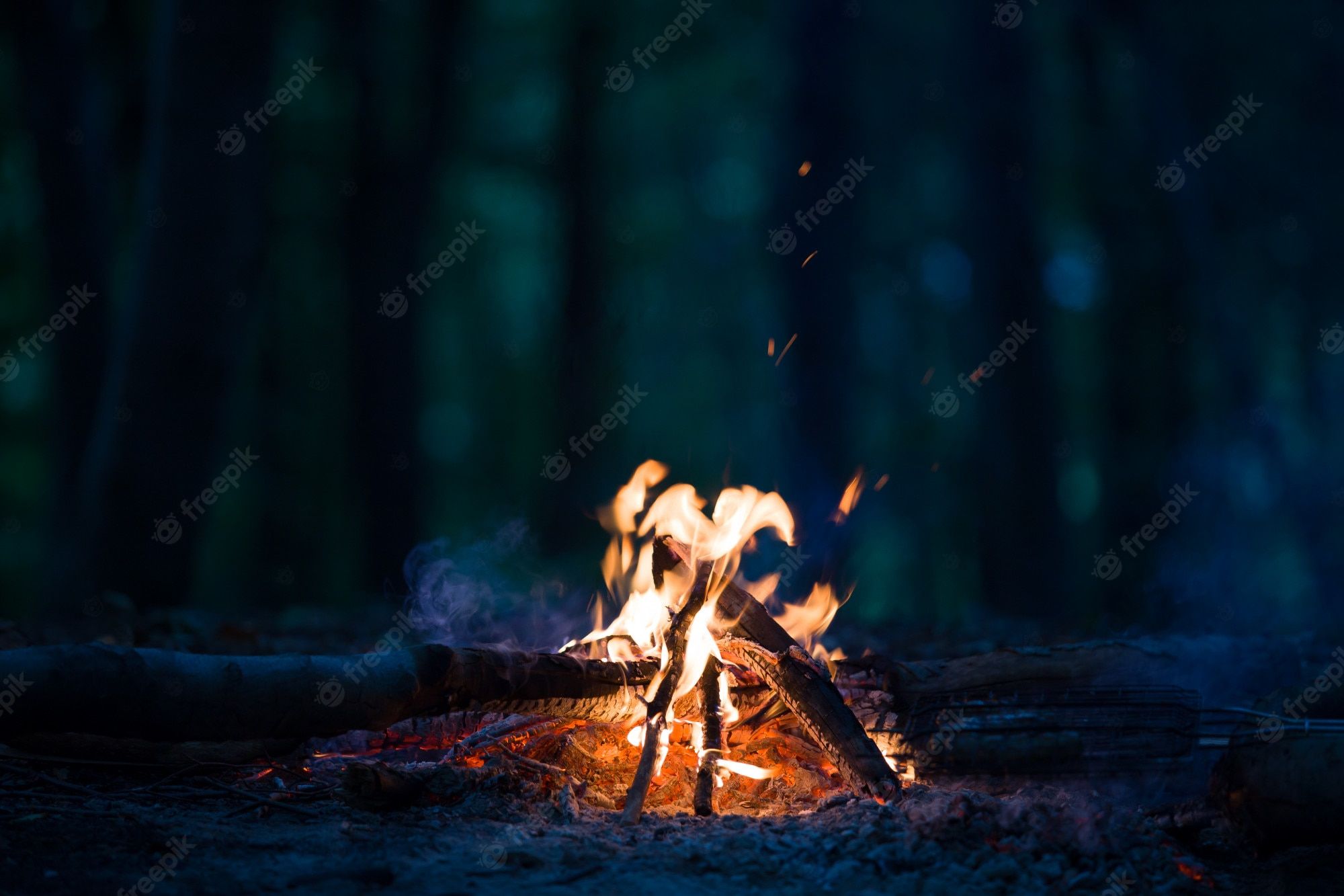 A fire pit in the woods at night - Camping