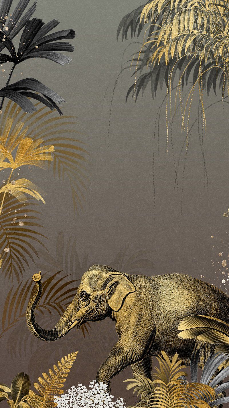 An elephant surrounded by palm leaves and gold foil - Elephant