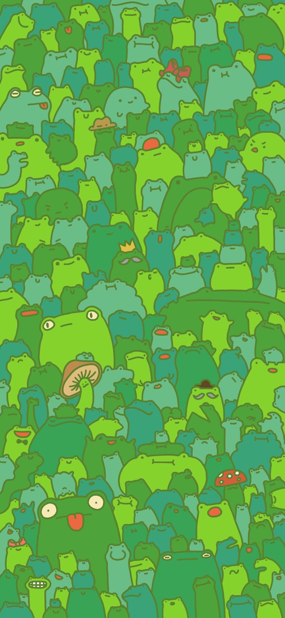 A wallpaper of green frogs of various sizes, with some standing on their hind legs and others lying down. - Kermit the Frog