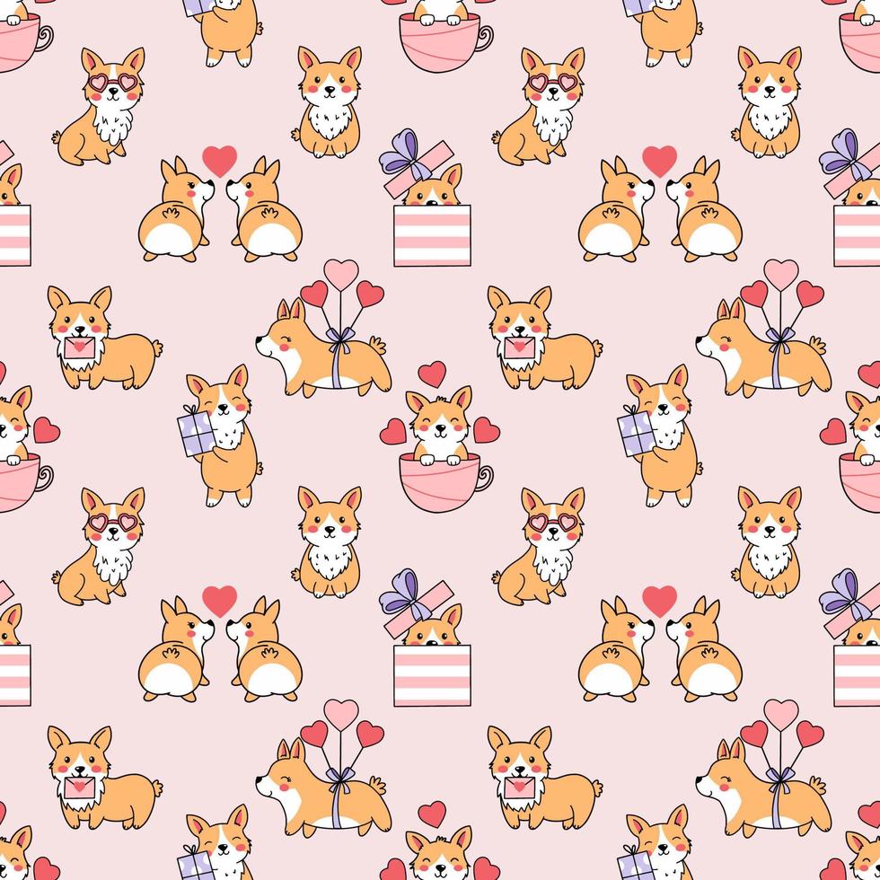 Cute corgi. Seamless pattern. Printing on fabric and wrapping paper. Wallpaper for nursery. Valentine's day