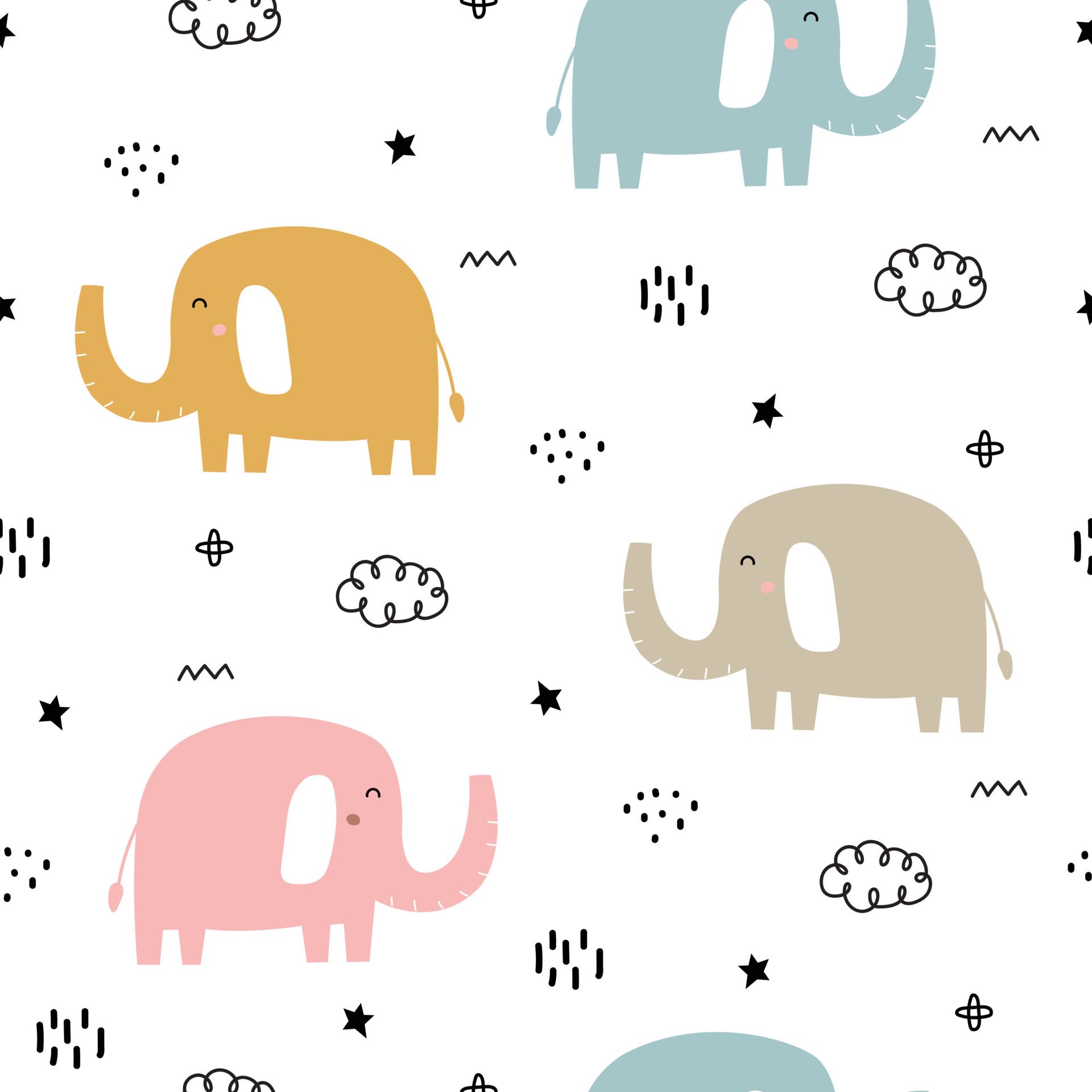 Little Elephant Seamless Pattern Cute Cartoon Animal Background Hand Drawn In Children's Style Used For Fabric, Textile, Print, Decorative Wallpaper. Vector Illustration