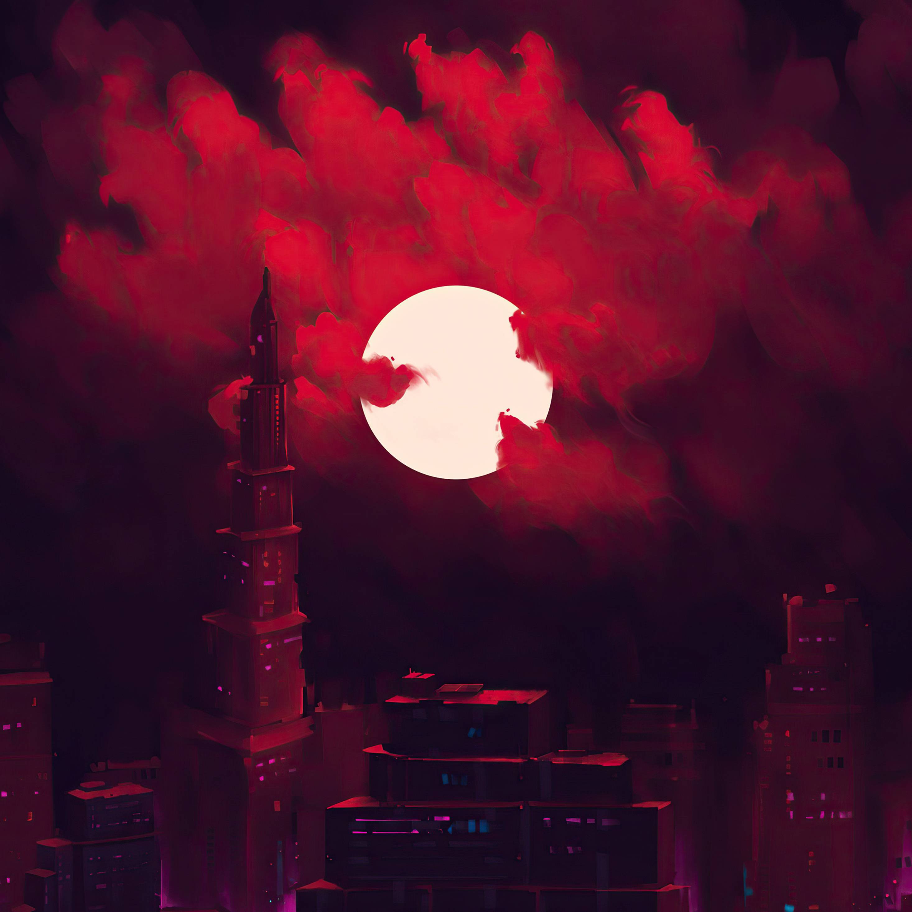 A red full moon rising over a city - Crimson