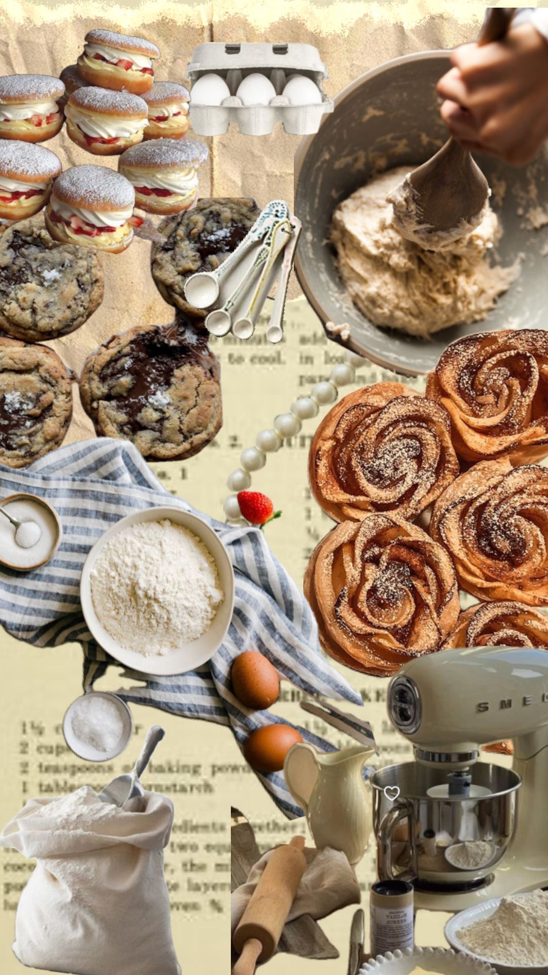 A collage of baking goods and utensils including cinnamon rolls, donuts, and a mixer. - Bakery