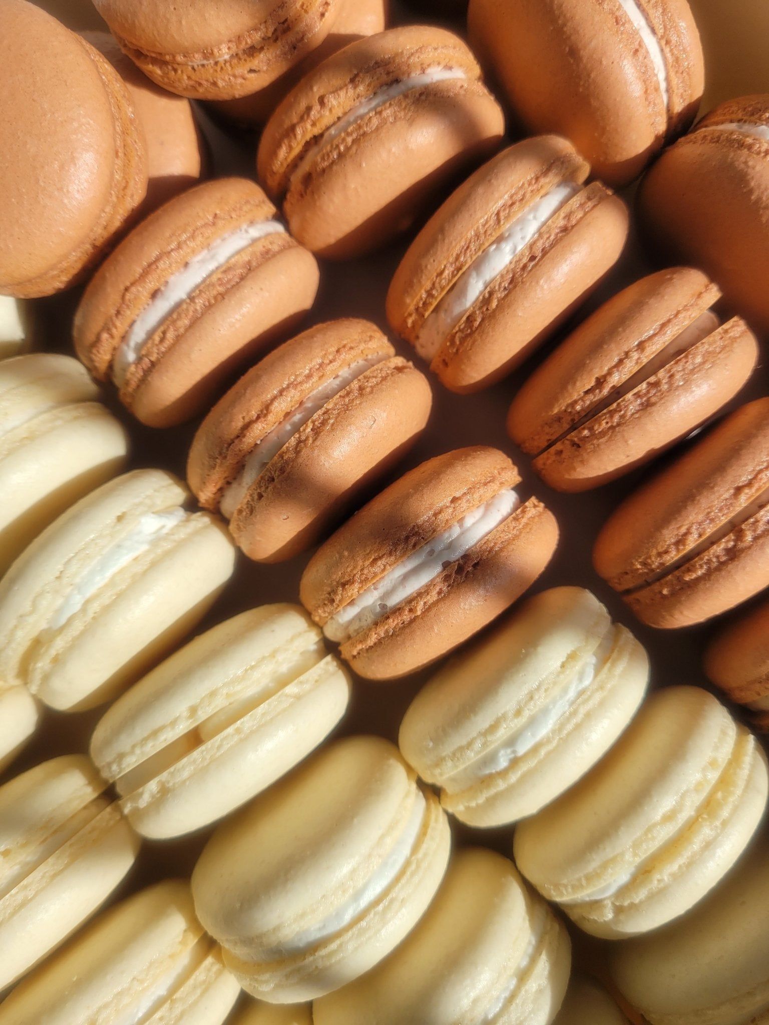 A plate of macarons in shades of brown and yellow. - Bakery