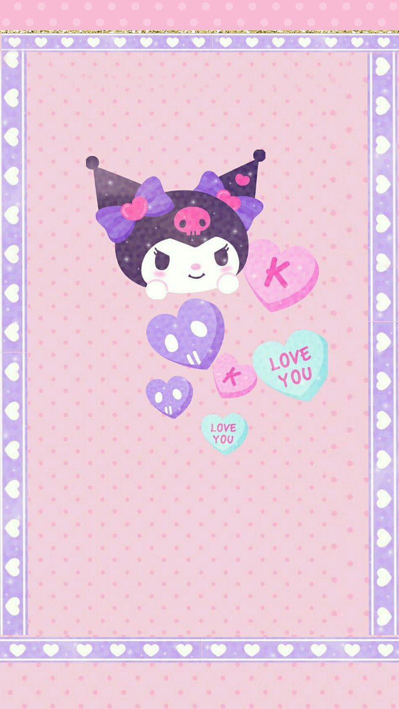 A wallpaper of Kuromi with hearts and the words 