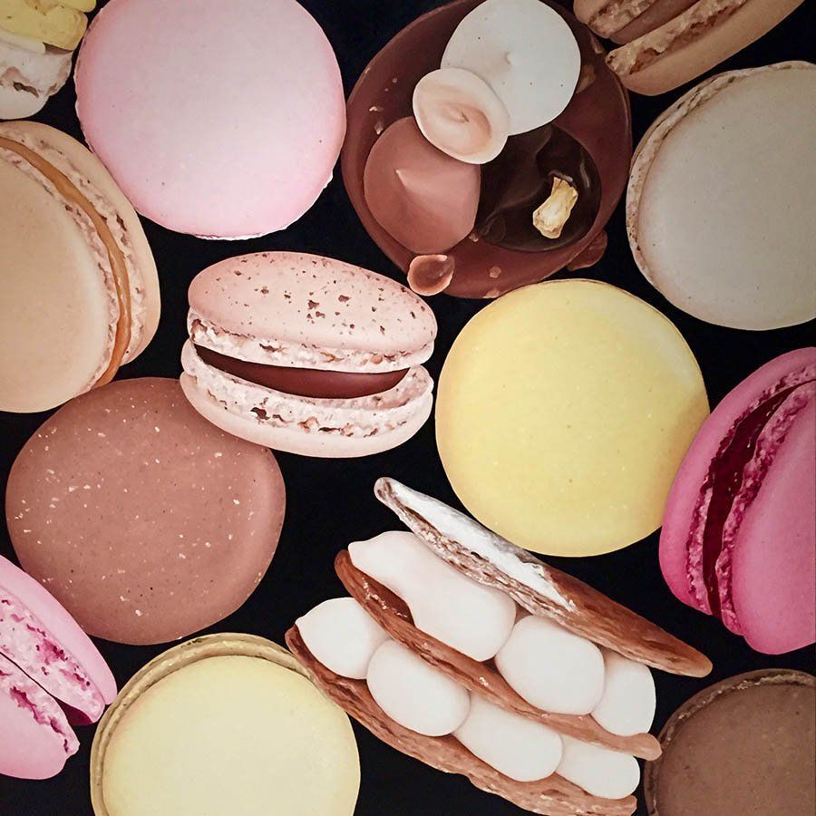 A close up of a selection of macarons in a variety of colours and designs. - Bakery, macarons
