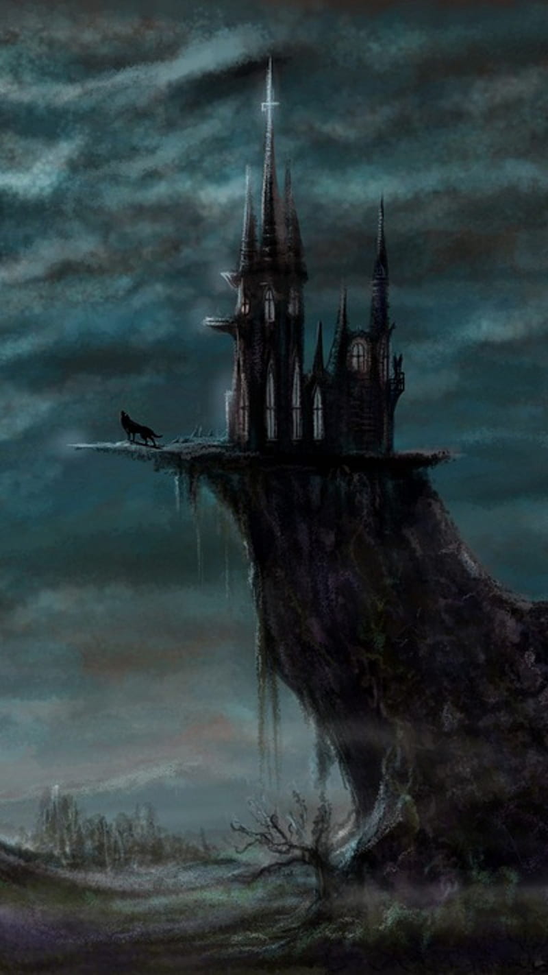 A castle on a cliff with a black crow perched on the edge. - Castle