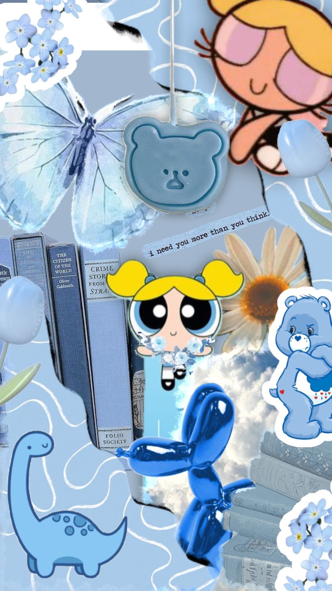 Blue aesthetic wallpaper for phone and desktop with Powerpuff Girls, Care Bears, and other characters - Bubbles