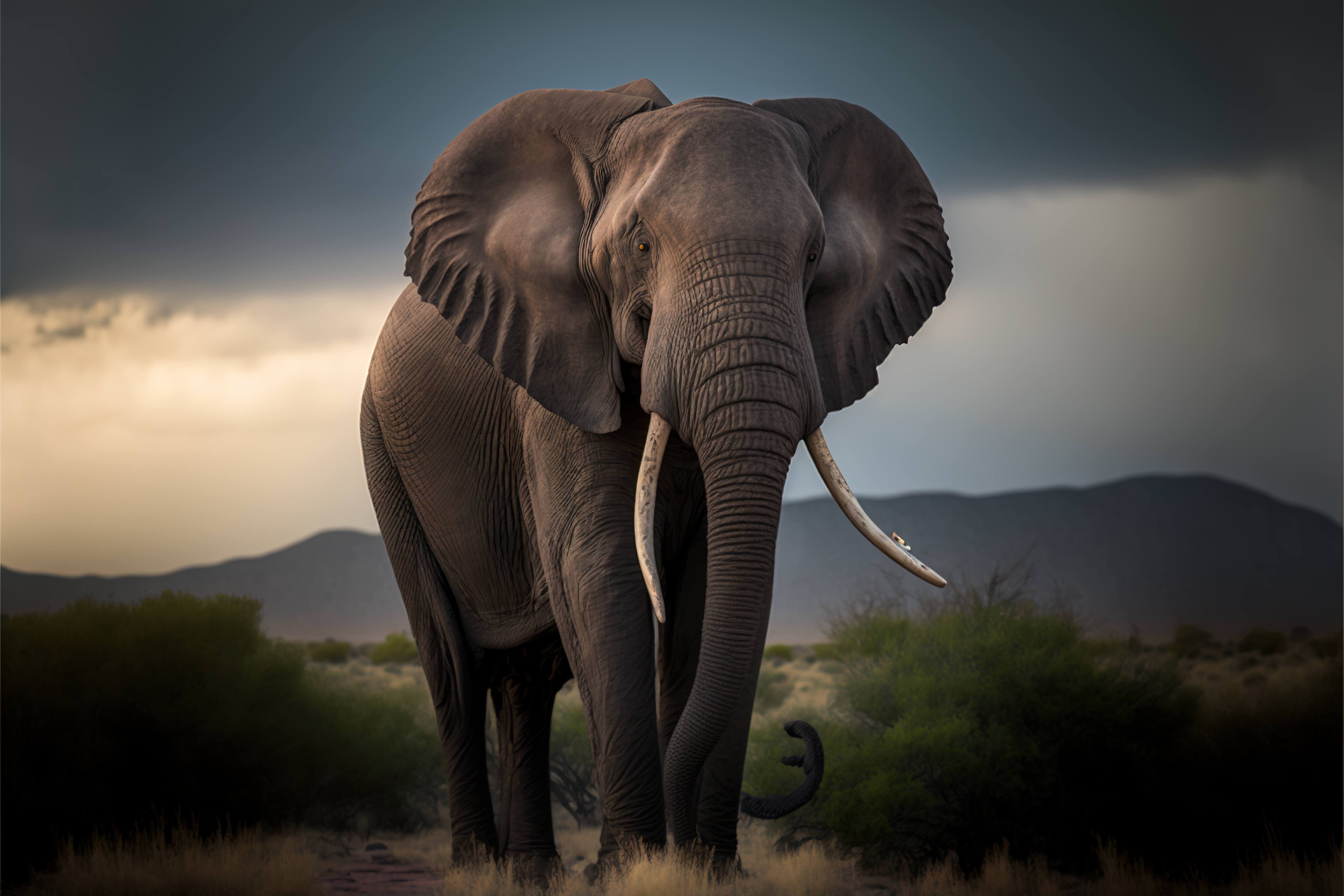 An elephant stands in the grass with a stormy sky behind it. - Elephant