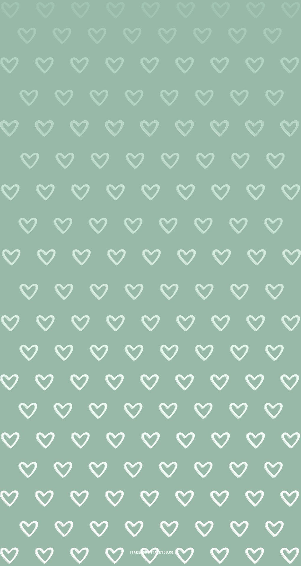 A pattern of white hearts on green background - Green, heart, sage green