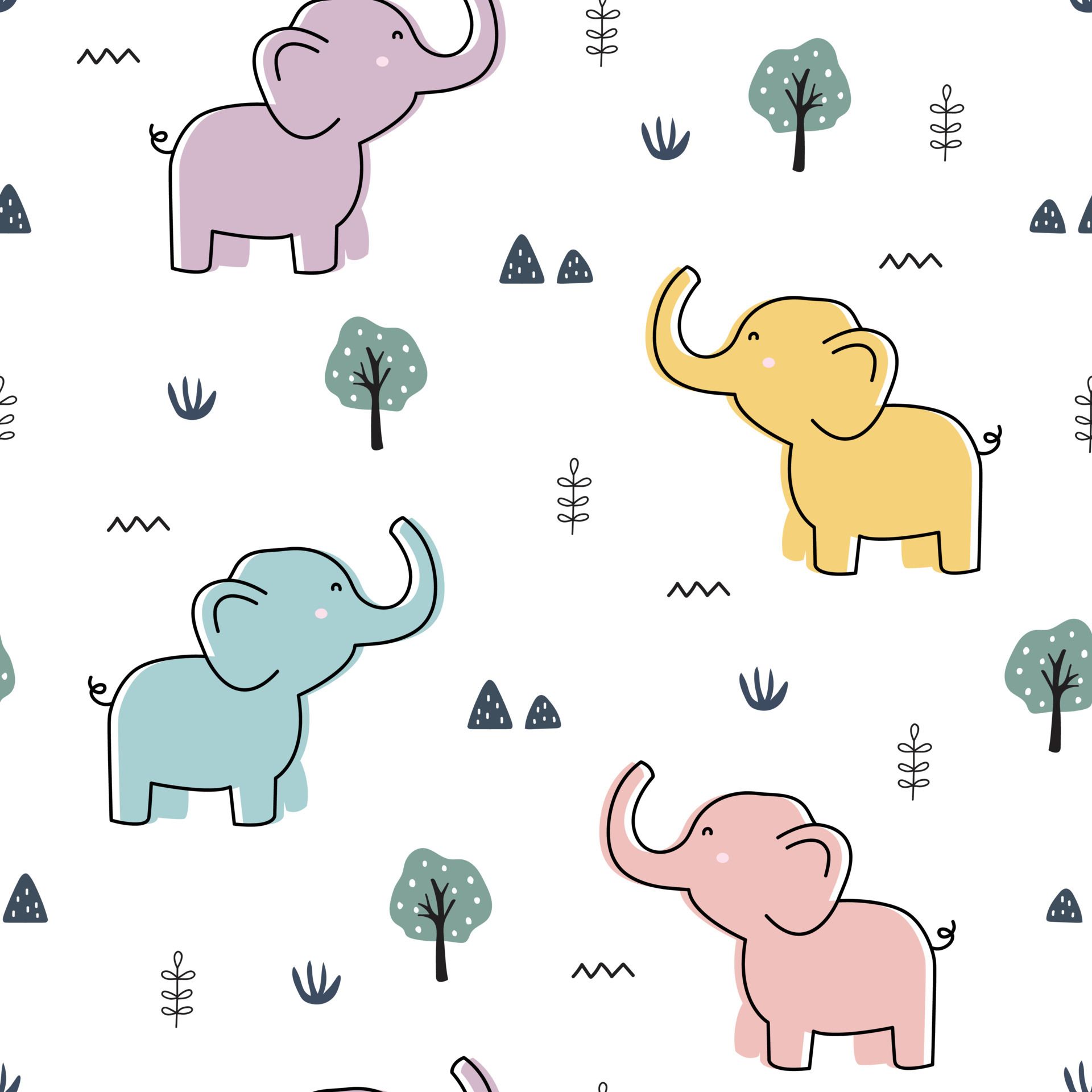 seamless pattern elephants and trees cute animal cartoon background used for fabric, textile, print, wallpaper vector illustration