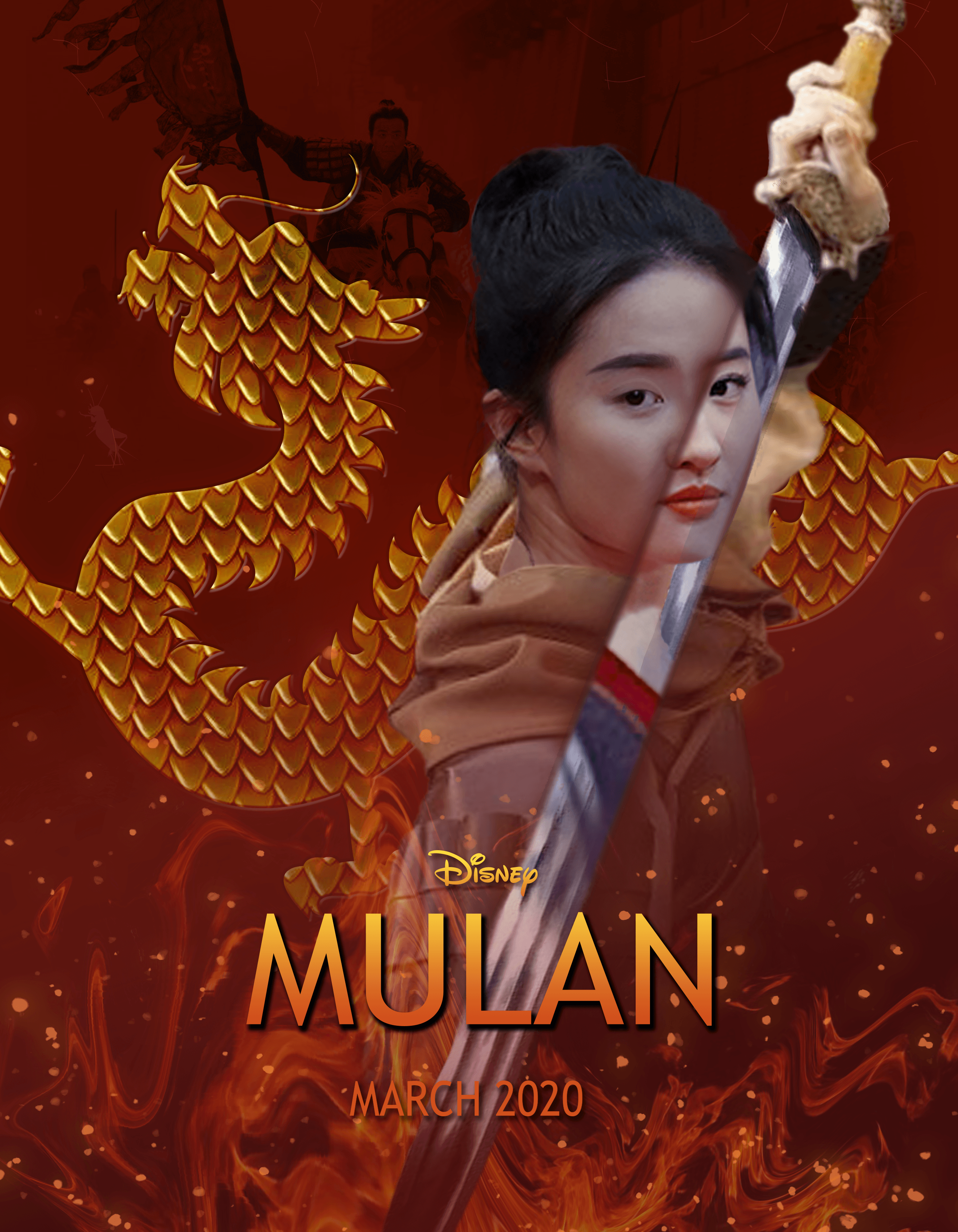A Mulan movie poster with a woman holding a sword in front of a dragon. - Mulan