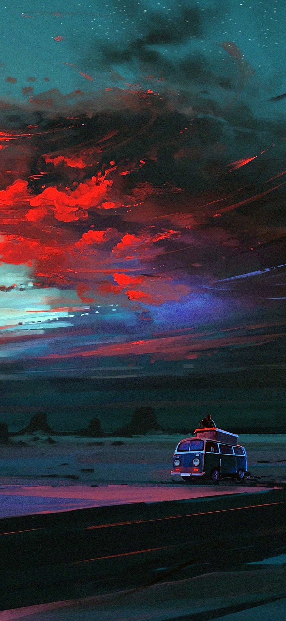 A painting of a van on a road with a red sky - Night, crimson, anime