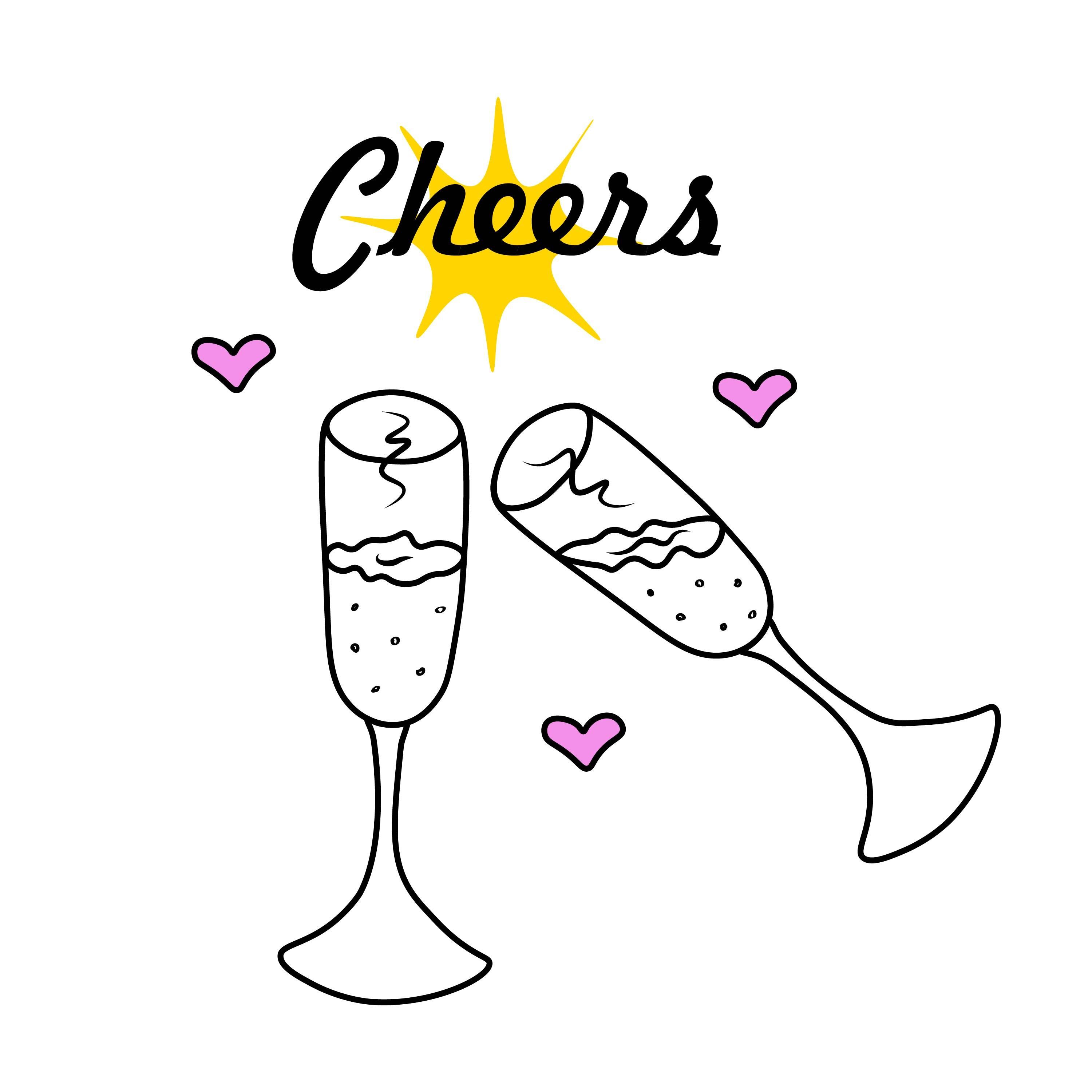 Cheers. Two champagne glasses. Illustration for printing, background, wallpaper, covers, packaging, greeting cards, posters, stickers, textile, seasonal design. Isolated on white background