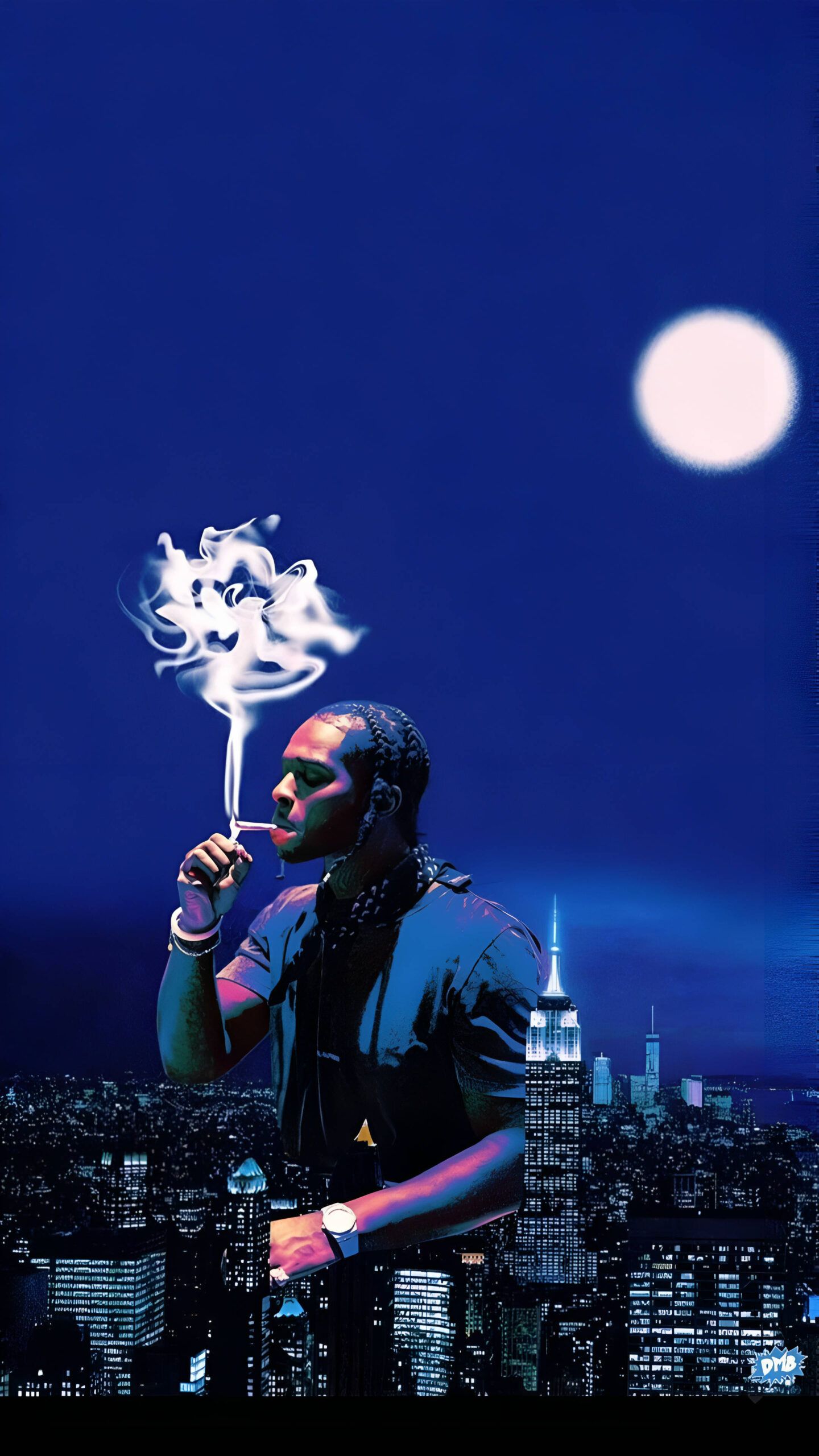 Rapper 2Pac smoking a cigarette in front of a city skyline - Pop Smoke