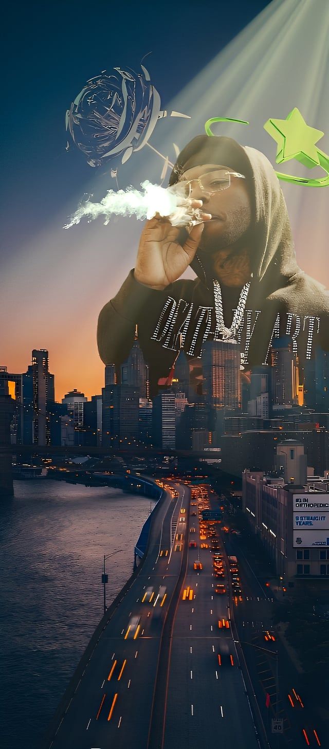 A man in a hoodie smoking a cigarette over a cityscape - Pop Smoke