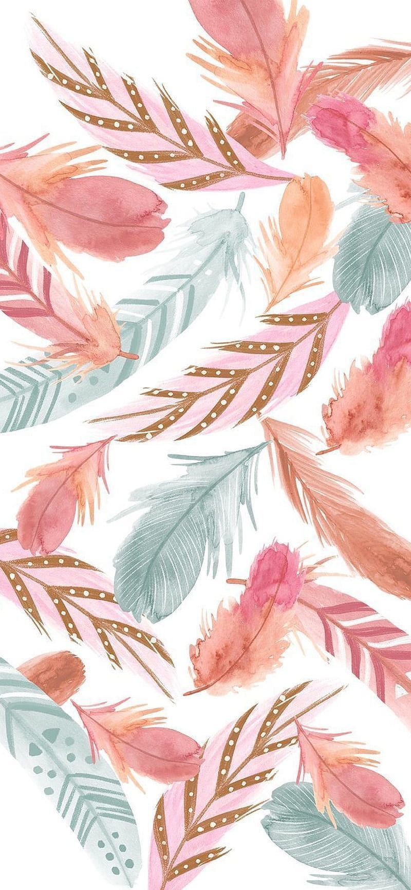 A colorful wallpaper with pink, blue, and brown feathers - Feathers