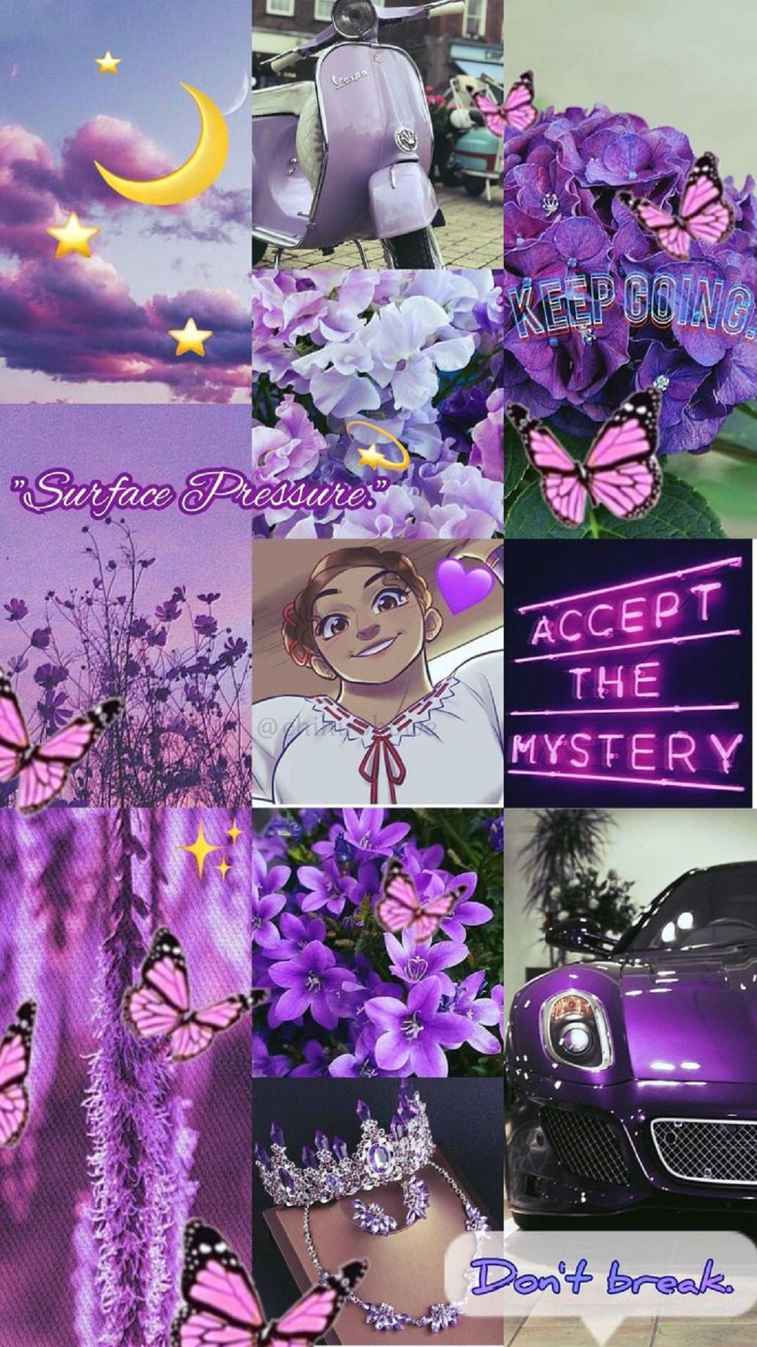 A collage of purple pictures with butterflies and stars - Encanto