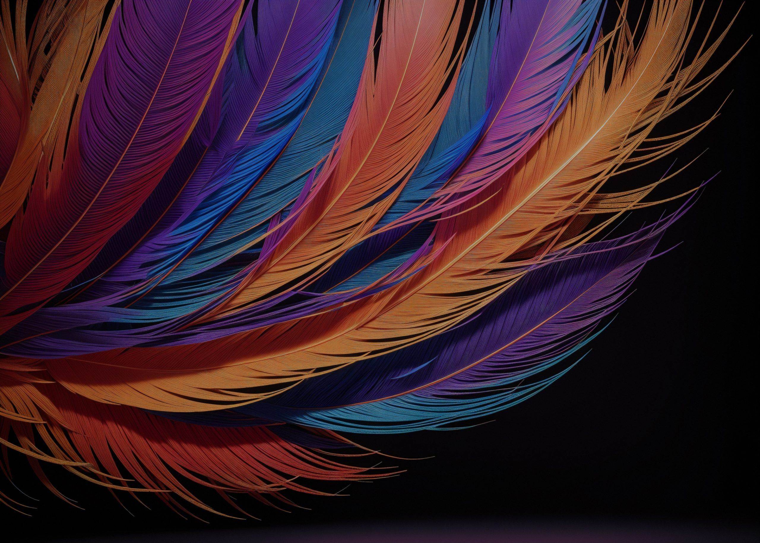 A wallpaper image of a colorful feather on a black background - Feathers