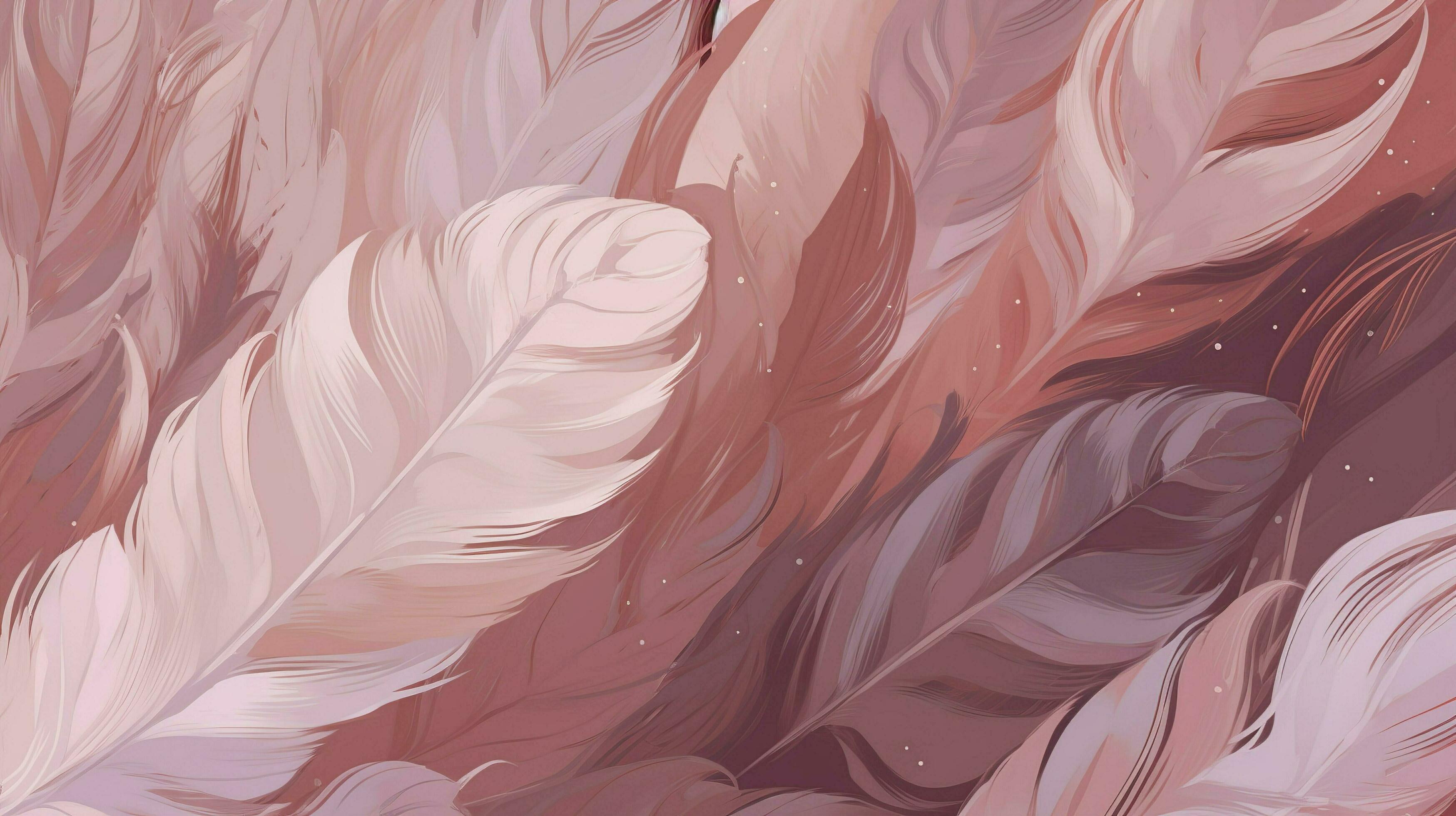 coloured feathers in pink on the background, in the style of subtle shading, anime aesthetic, wallpaper, pigeoncore, free brushwork, translucent color