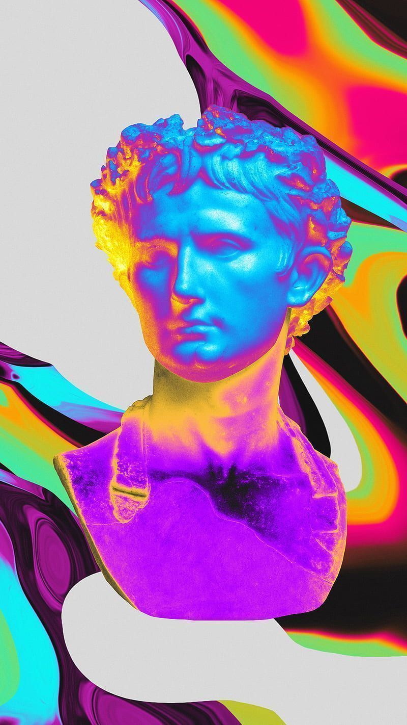 A bust of a man with a rainbow background - Iridescent, Greek statue