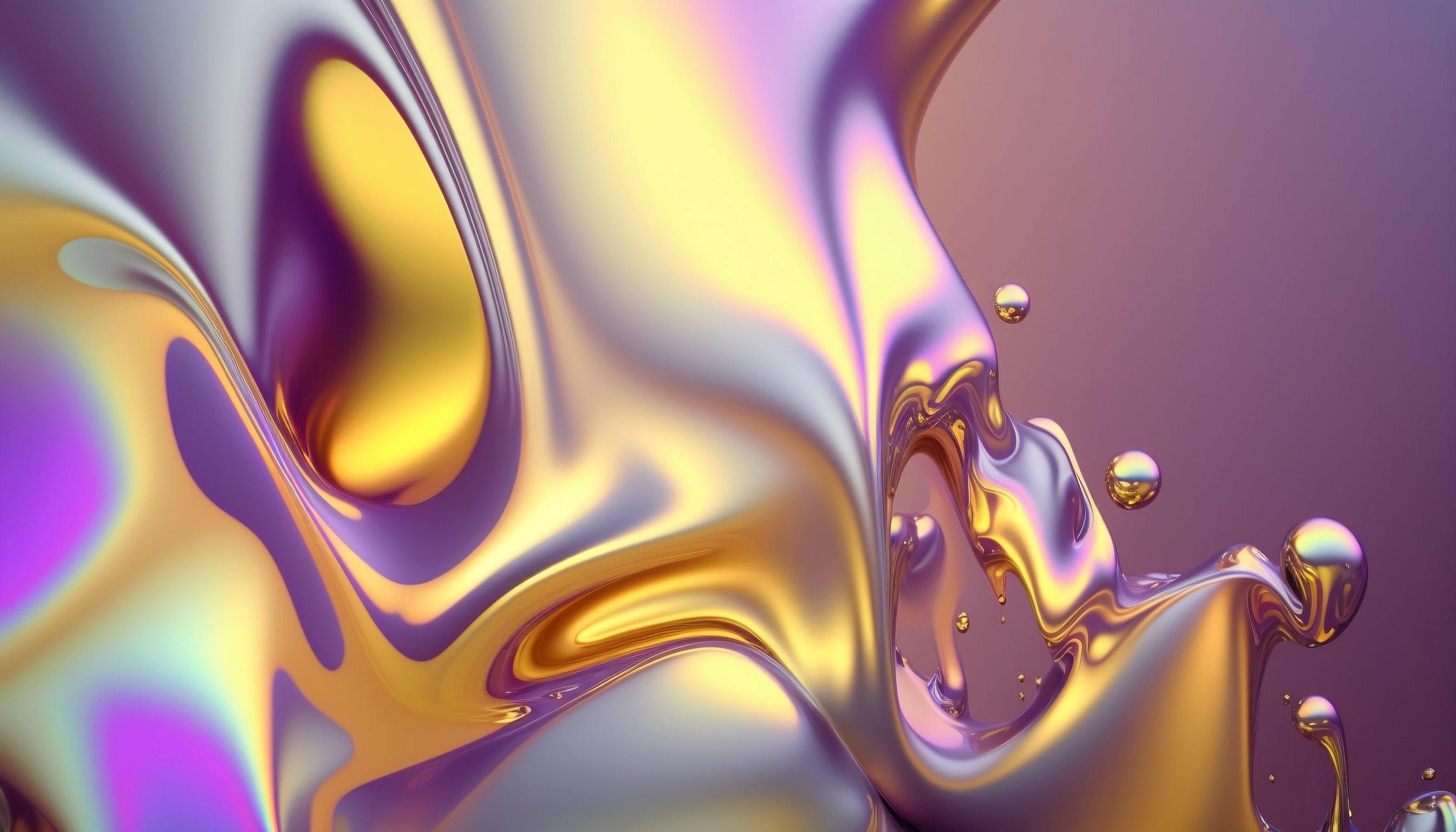 A computer generated image of a wave of metallic liquid with a purple background - Iridescent