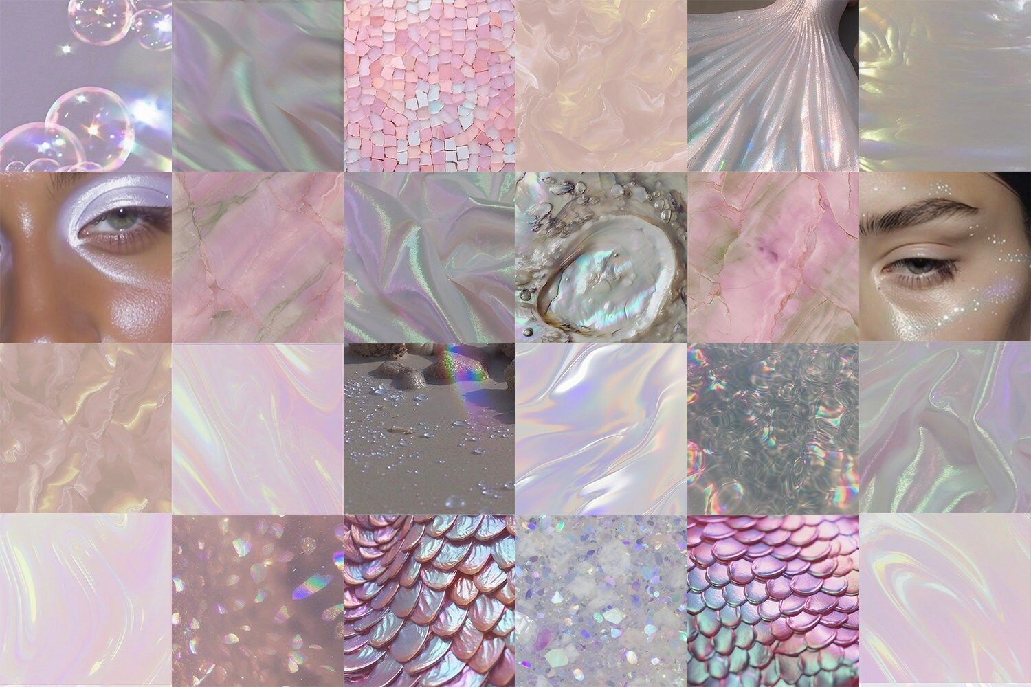 A collage of images featuring iridescent and holographic textures such as bubbles, scales, and glitter. The colors are soft and pastel, with a focus on pink and purple. The overall aesthetic is dreamy and otherworldly. - Iridescent, collage