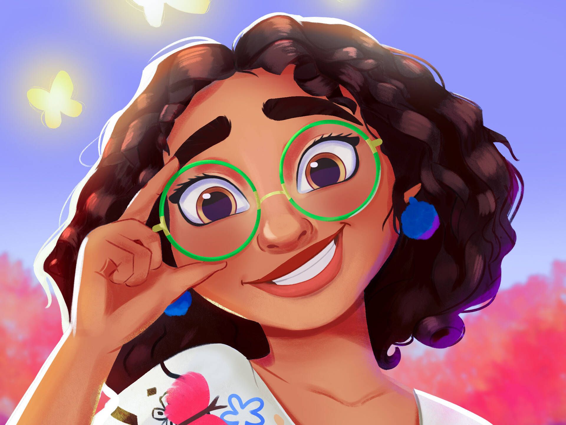 A digital illustration of a young woman with curly hair and glasses smiling. - Encanto