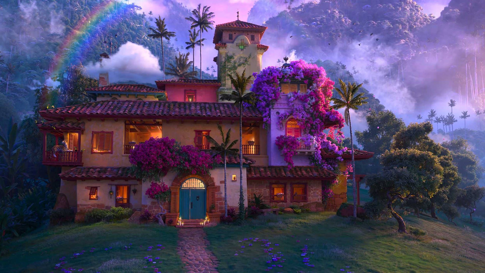 The house from the movie Encanto with a rainbow in the sky - Encanto